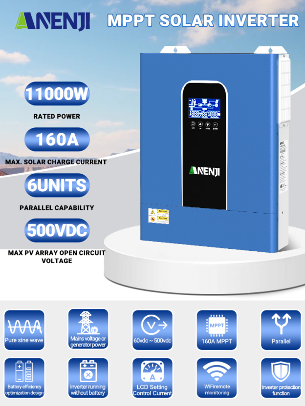 Anenji 11KW 48V Hybrid Solar Inverter Pure Sine Wave Off-Grid+On-Grid 2*MPPT with WIFI Parallel Function for 6 unit Max-ANENJI