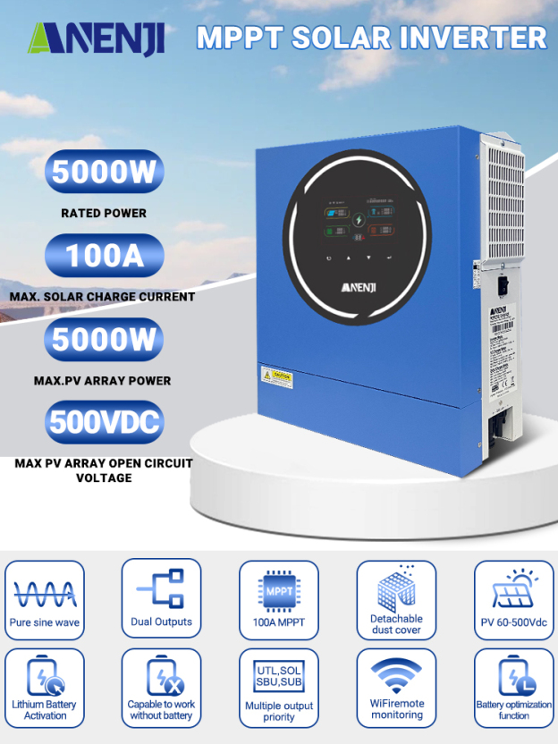 Anenji 5KW 48V Hybrid Solar Inverter On grid Off grid Inverter with WIFI 100A MPPT Dual Outputs