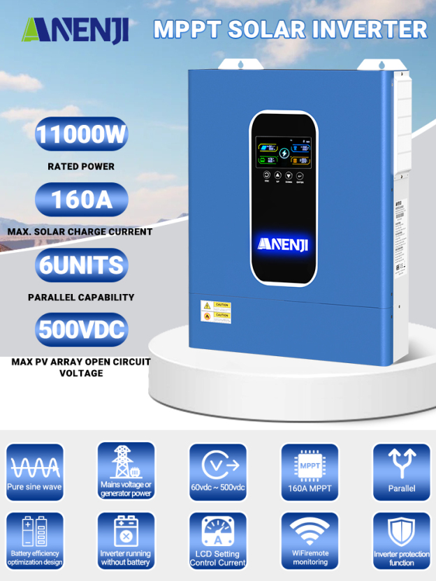 Anenji 11KW 48V Hybrid Solar Inverter Pure Sine Wave Off-Grid+On-Grid 2*MPPT with WIFI Parallel Function for 6 unit Max