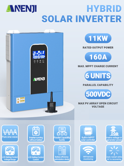 11KW 48V Hybrid Solar Inverter Pure Sine Wave Off-Grid+On-Grid 2*MPPT with WIFI Parallel Function for 6 unit Max
