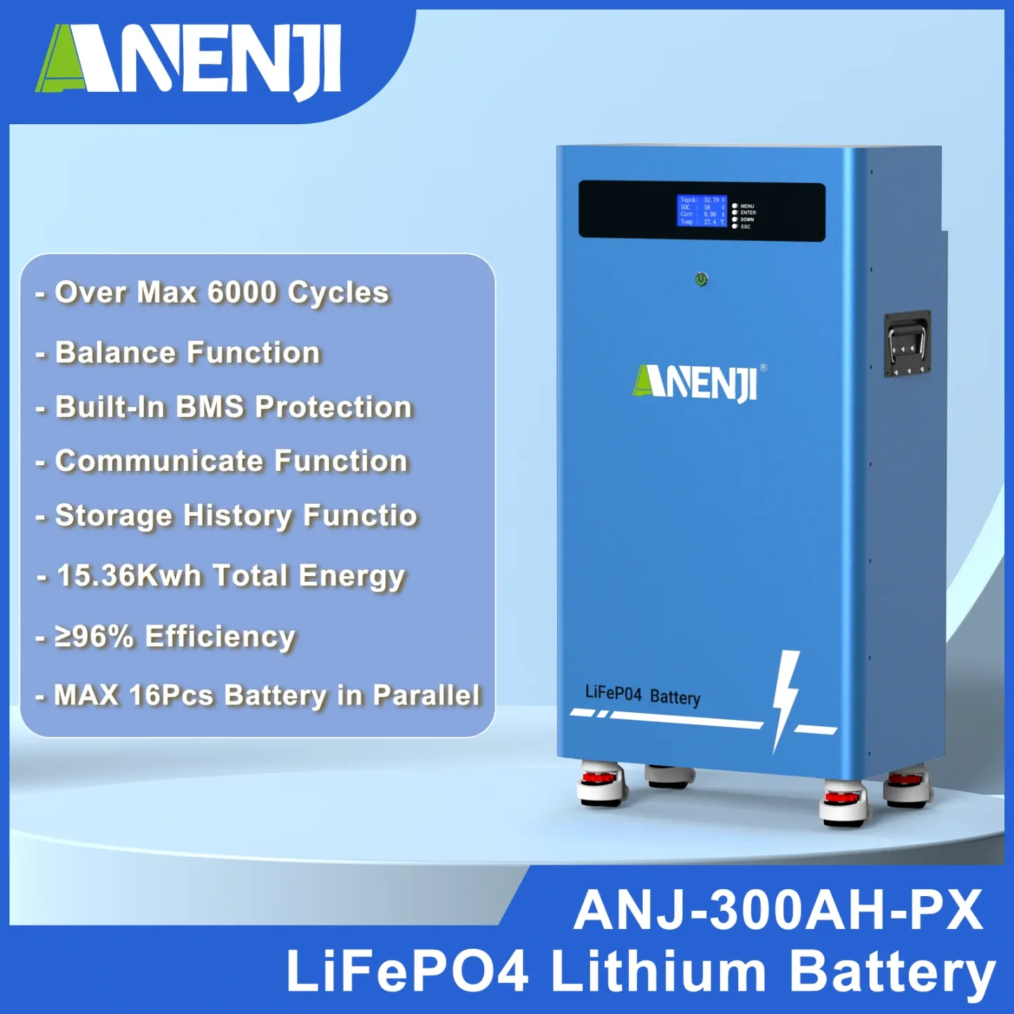 51.2V 300AH LiFePO4 Battery 15.36kWh Home Solar Battery Energy Storage System Built-in BMS 6000+ Deep Cycle