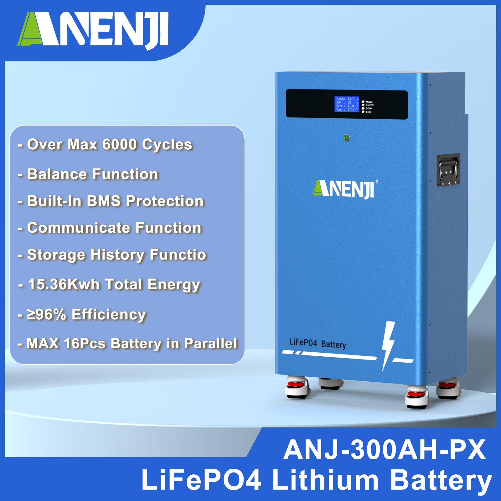 Anenji 51.2V 300AH LiFePO4 Battery 15.36kWh Built-in BMS
