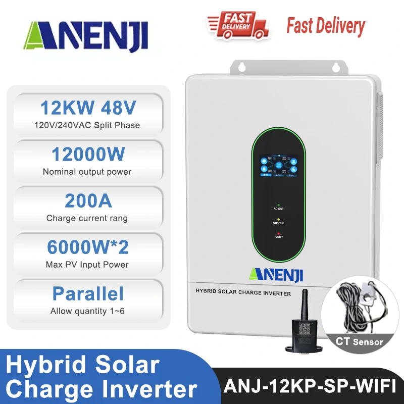 Anenji 12KW 48V Hybrid split-phase Solar Charge Inverter with WiFi CT Optional Parallel Function-ANENJI