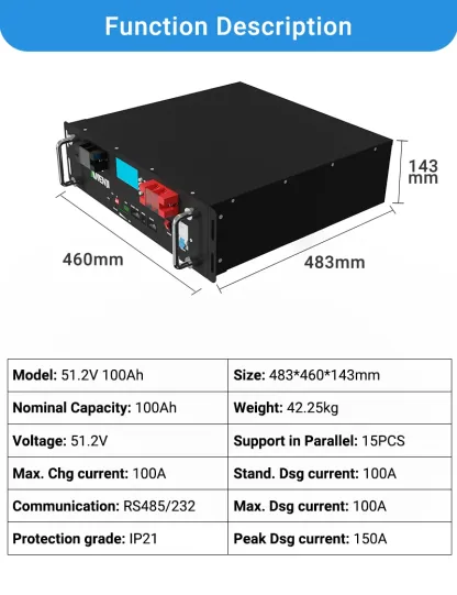 ANENJI 51.2V 100Ah Rack-mounted LiFePO4 Battery 6000+ Cycles Built in BMS 5KWH Support Parallel for Solar System