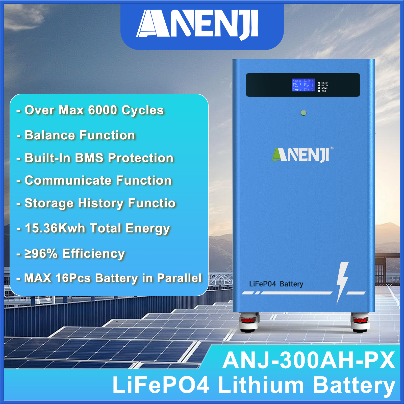 Anenji 51.2V 300AH LiFePO4 Battery 15.36kWh Built-in BMS