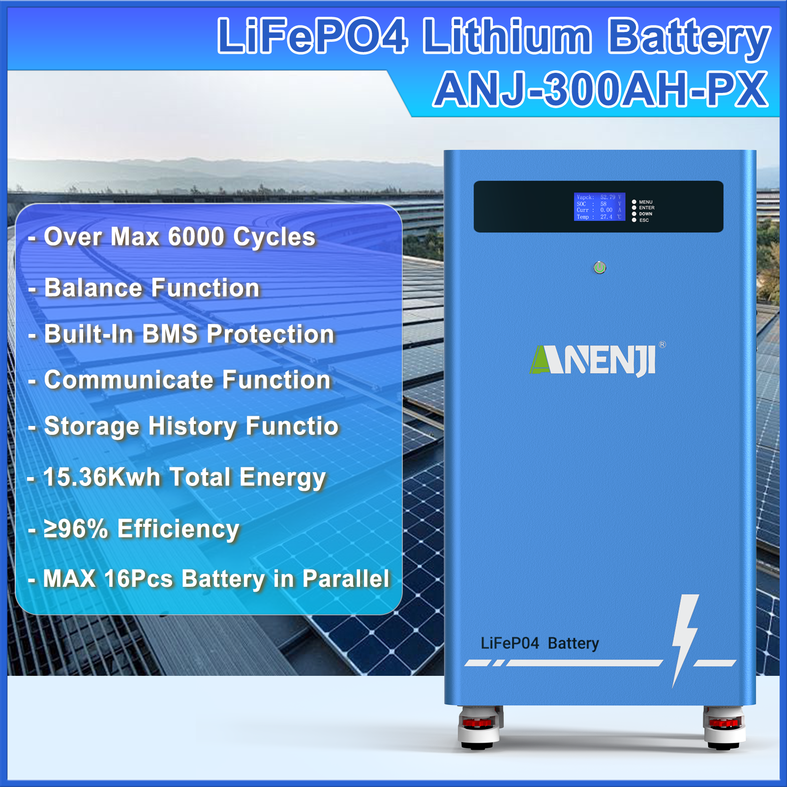 Anenji 51.2V 300AH LiFePO4 Battery 15.36kWh Built-in BMS