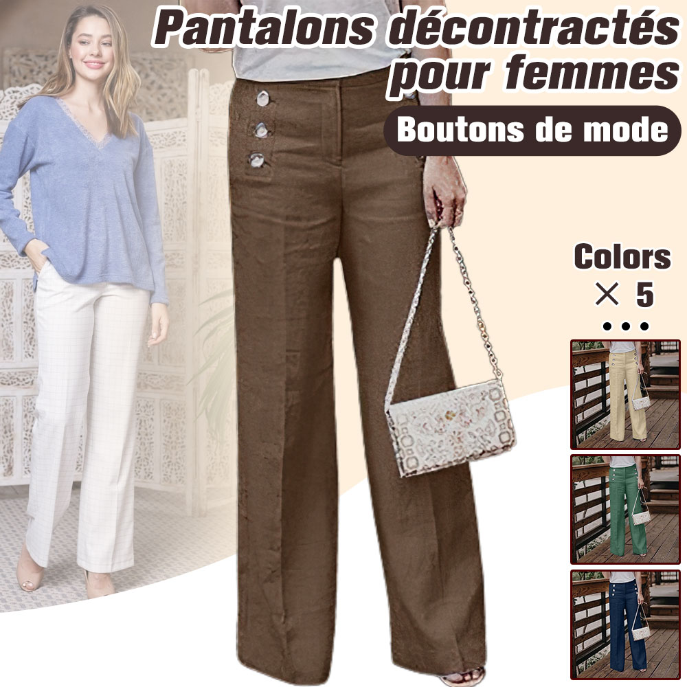 Menermode Pantalon large taille haute en coton et lin pour femme