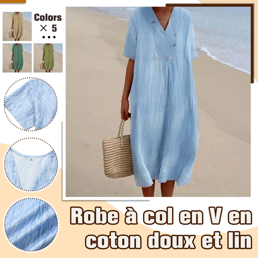 Menermode Robe col V en coton et lin douce et confortable