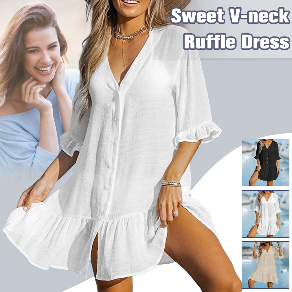 Menermode Robe de plage à volants et col en V pour femmes d'été