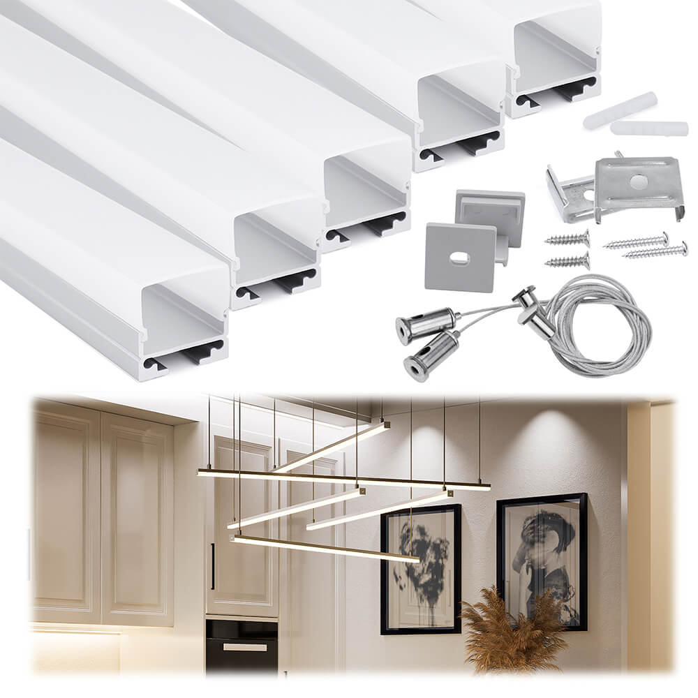 Muzata 5Pack 3.3ft LED Strip Channel with Hanging Wire, Spotless Frosted Diffuser Cover U116 WW
