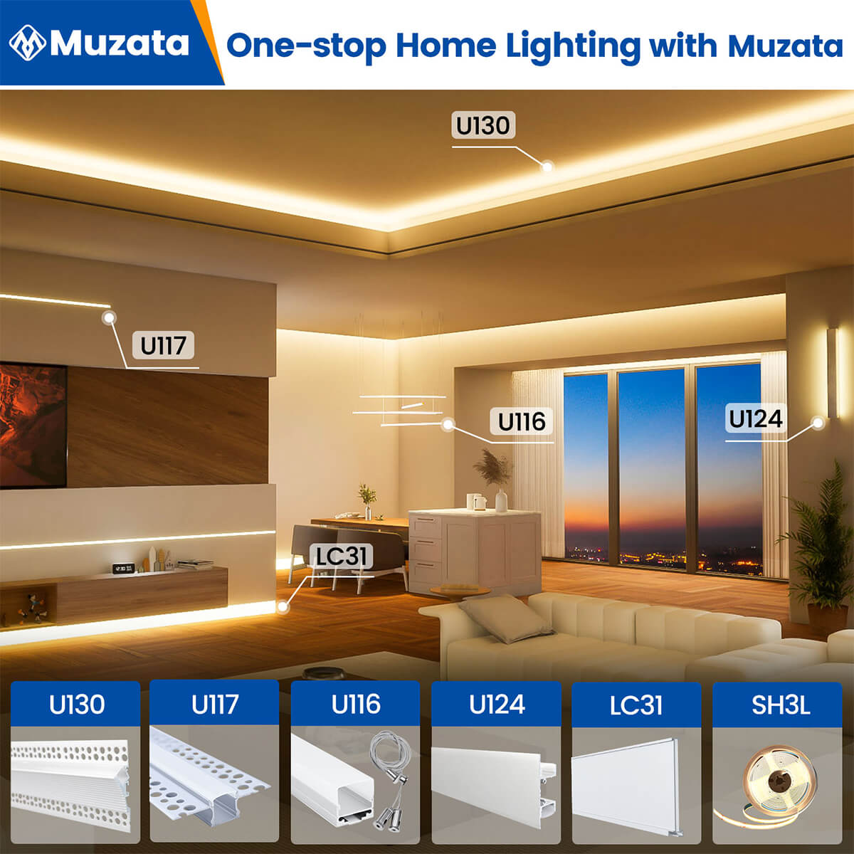 Muzata 5Pack 3.3ft /1M Plaster-In LED Channel Decorative Wall Lights with Spotless Milky White Diffuser U130 HW