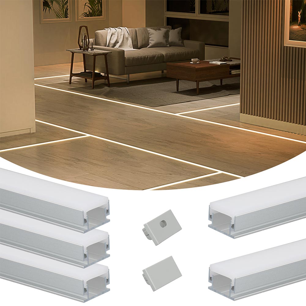 Muzata 5Pack 3.3Ft/1Meter Silver Ground Recessed Aluminum Channel U Shape Waterproof LED Channel with Diffuser for Floors Cabinets Home Decor U125