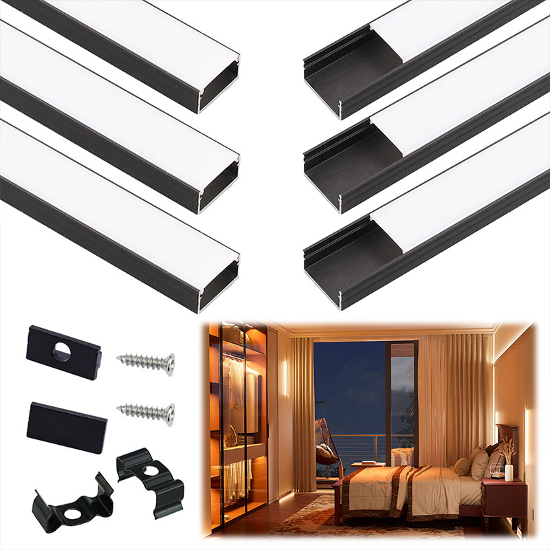Muzata Black Wide Aluminum LED Channel with Milky White LED Strip Cover for Waterproof Strip Light, U102 BW