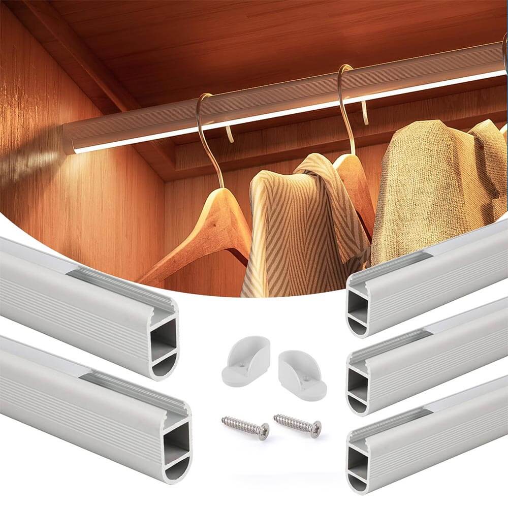 Muzata 5Pack 3.3ft/1Meter Silver LED Closet Hanging Rod Aluminum Channel for Bedroom Wardrobe U128