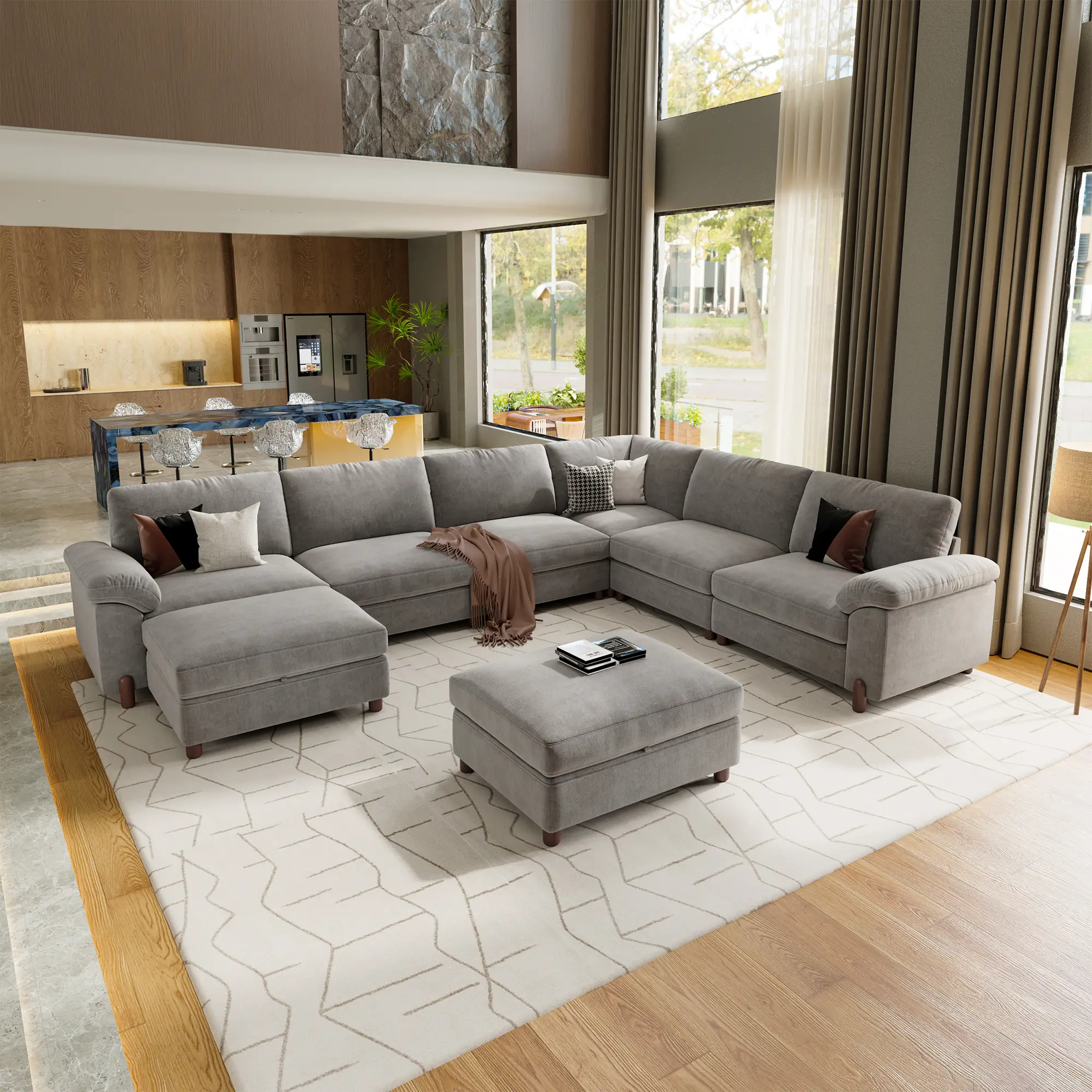 Vista 8-Seat Oversized Leather Couch | Chaise Lounge
