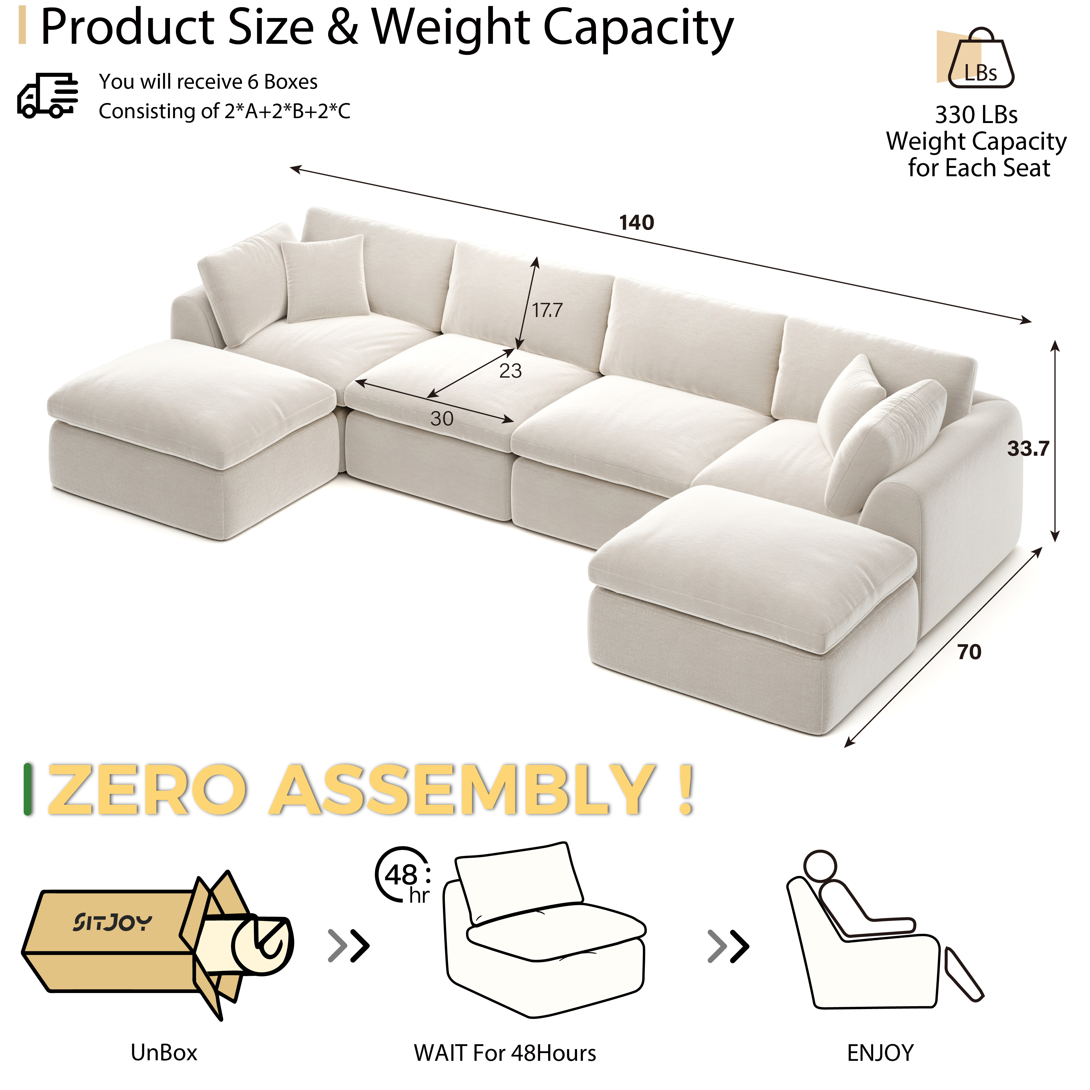 YS-01 Boneless Cloud Sectional Couch 4 Seats with 2 Ottomans