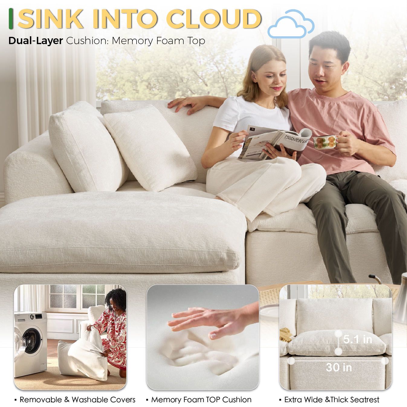 YS-01 Boneless Cloud Sectional Couch 3 Seats with 1 Ottoman