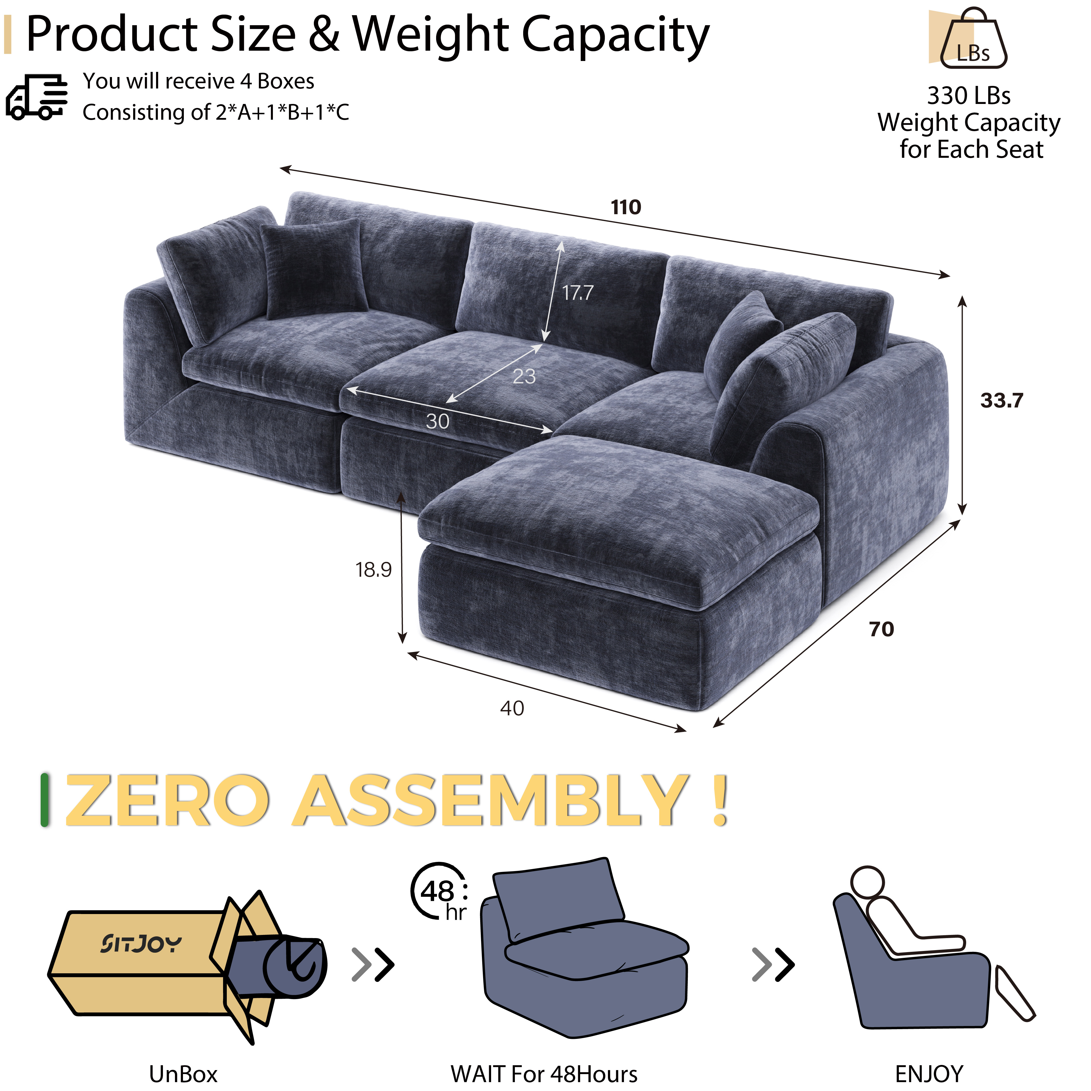 YS-01 Boneless Cloud Sectional Couch 3 Seats with 1 Ottoman