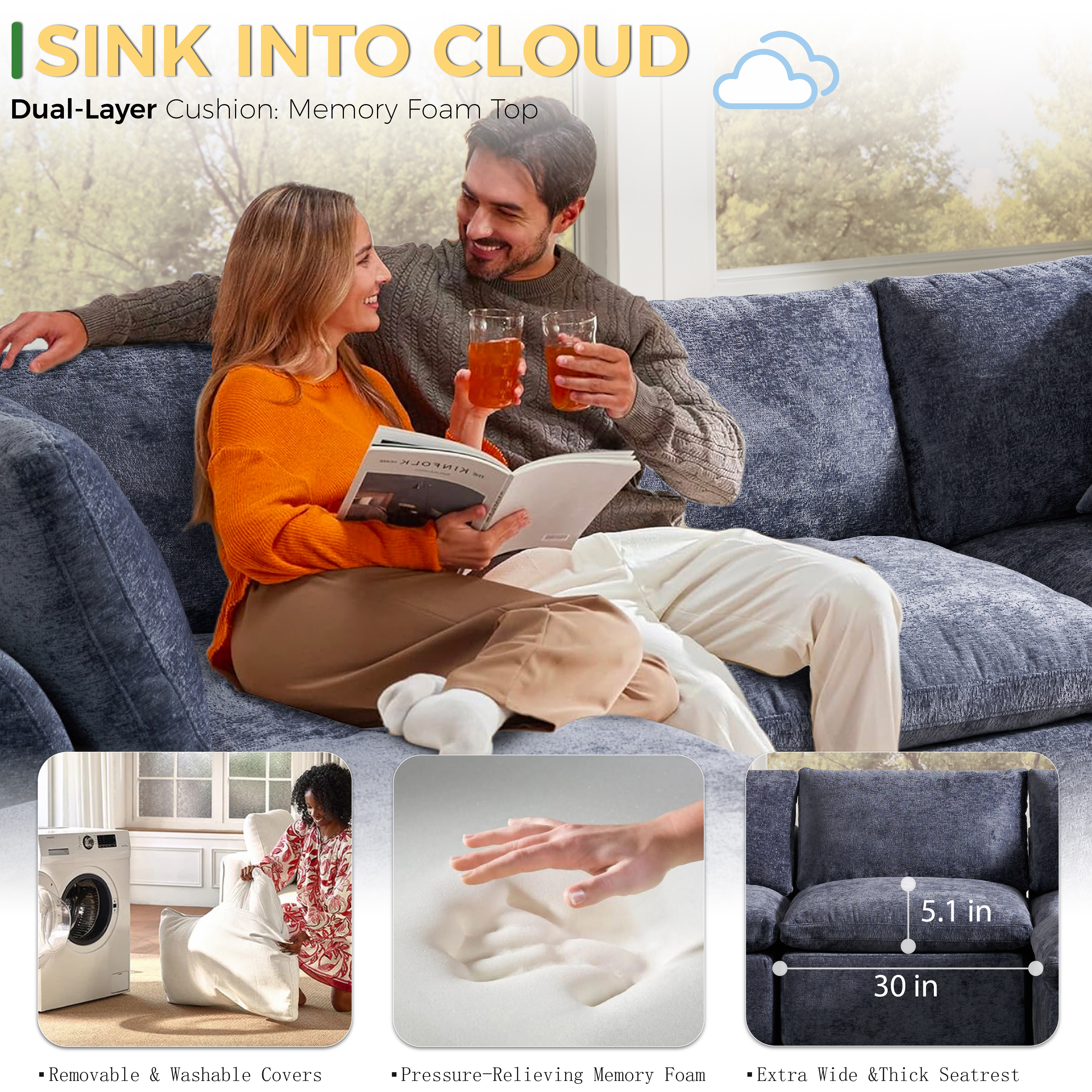 YS-01 Boneless Cloud Sectional Couch 3 Seats with 1 Ottoman