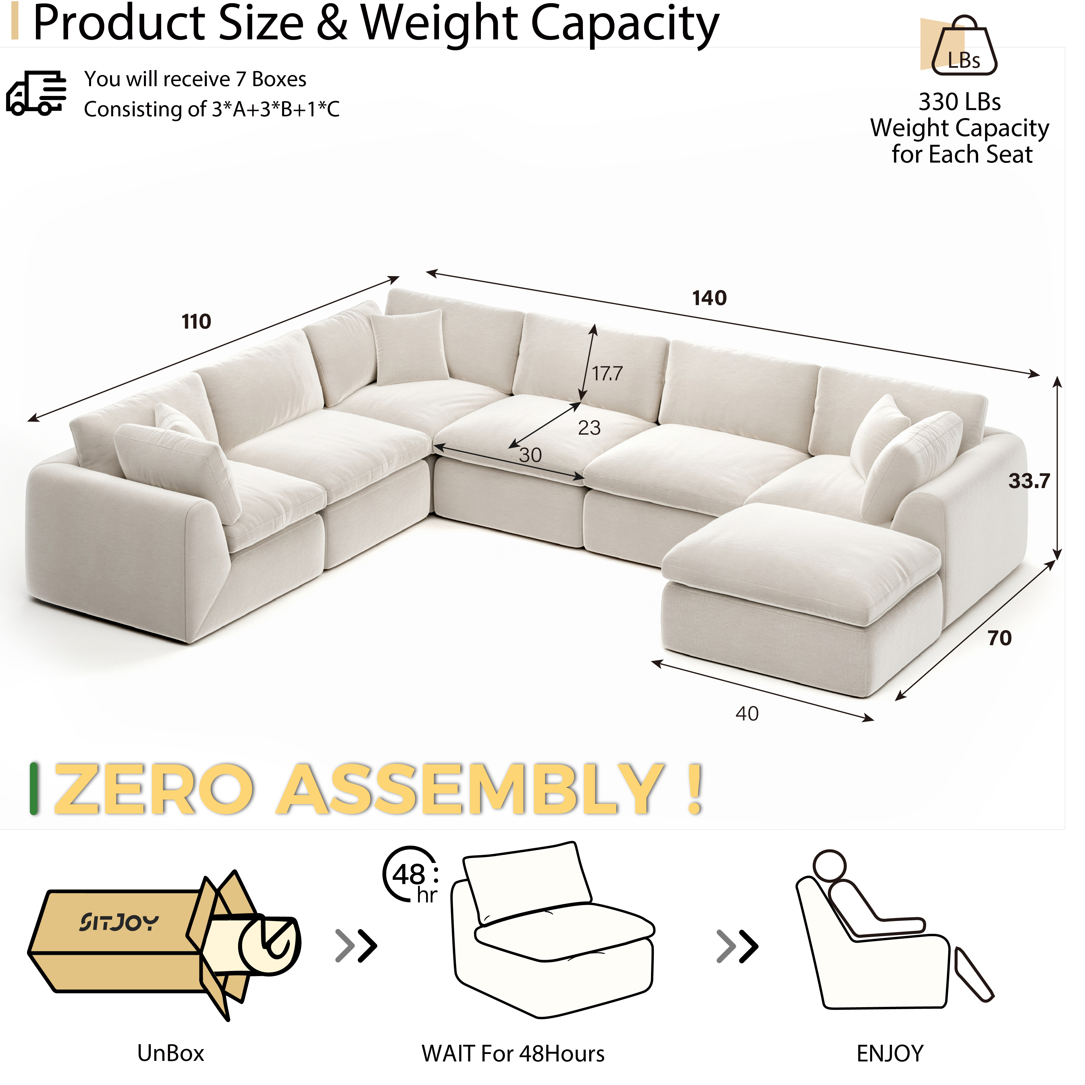 YS-01 Boneless Cloud Sectional Couch 6 Seats with 1 Ottoman