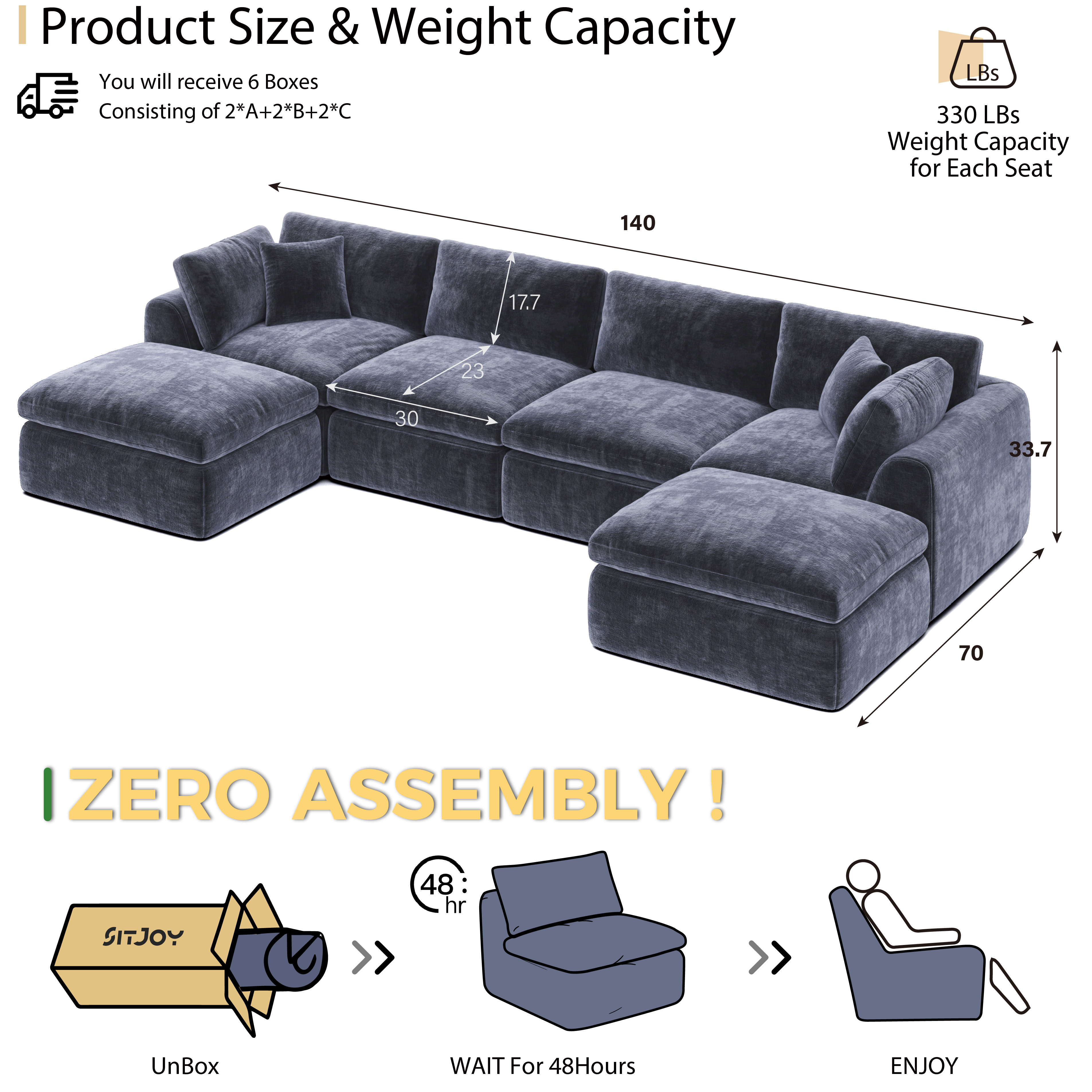 YS-01 Boneless Cloud Sectional Couch 4 Seats with 2 Ottomans
