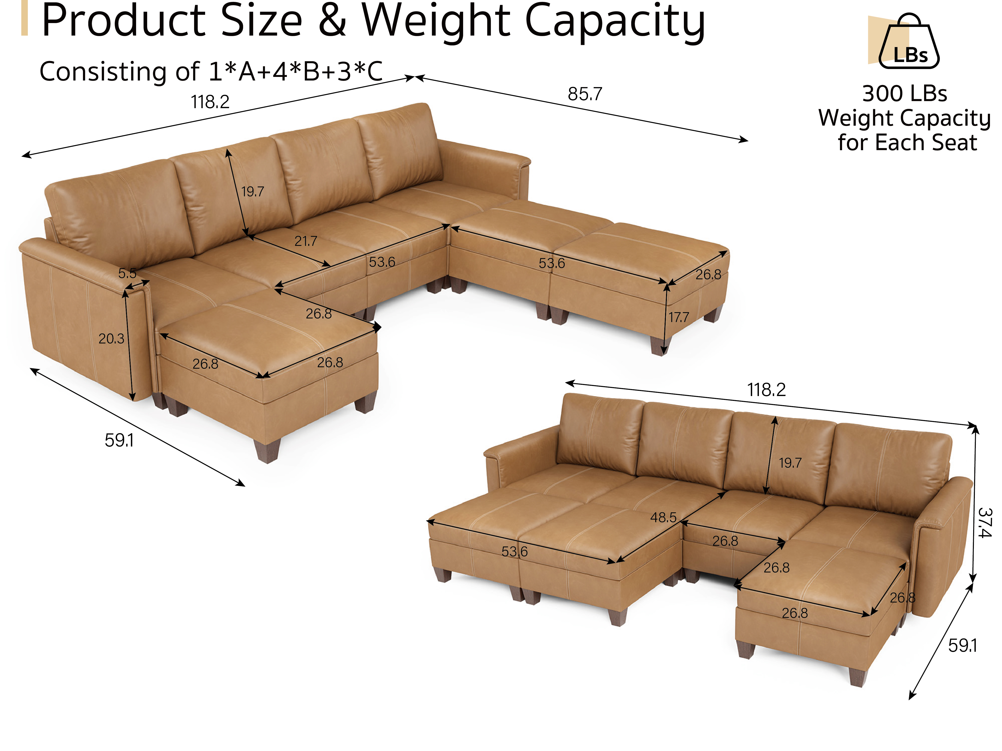 MS-01 Modular SectionaL Sofa 4 Seats with 3 Ottomans