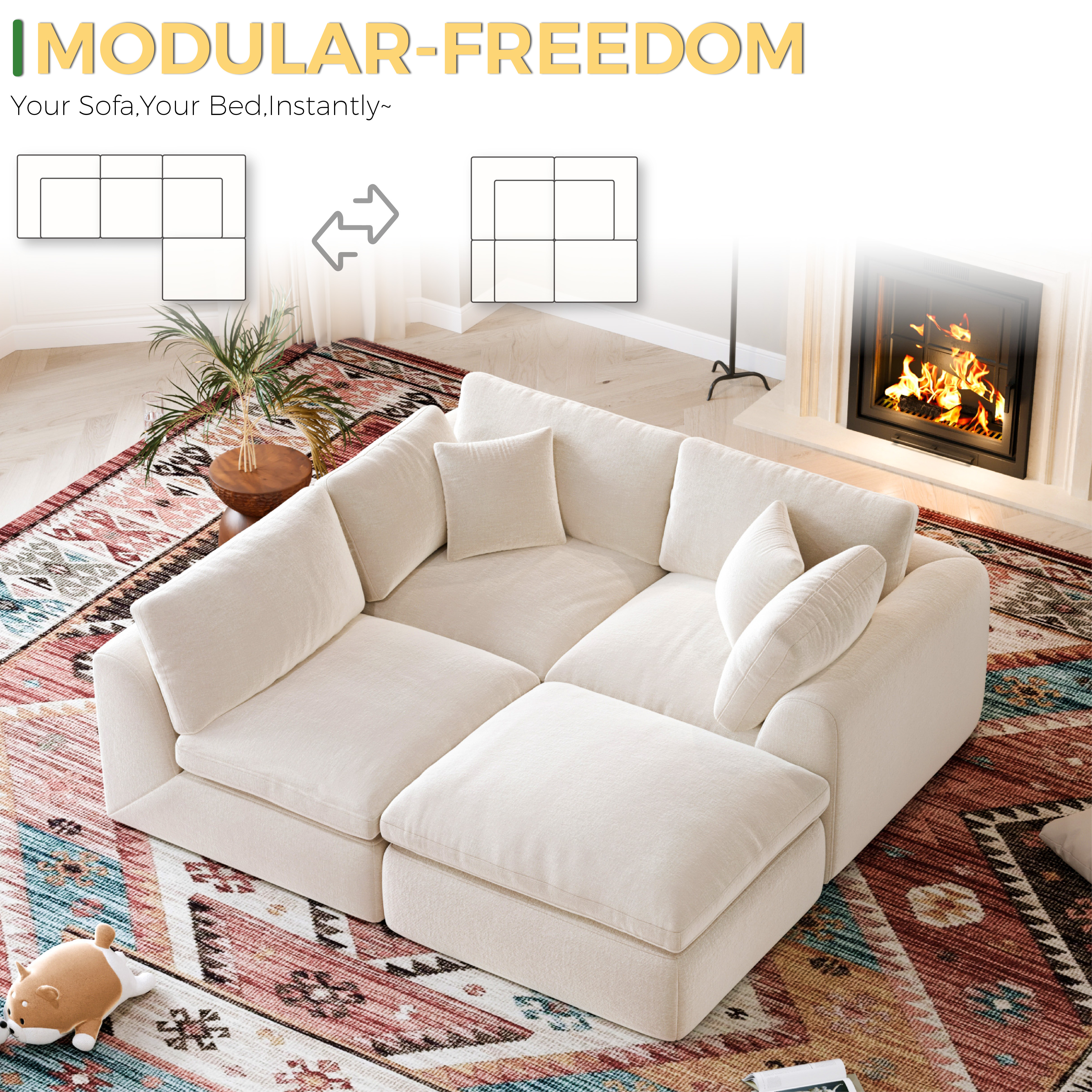 YS-01 Boneless Cloud Sectional Couch 3 Seats with 1 Ottoman