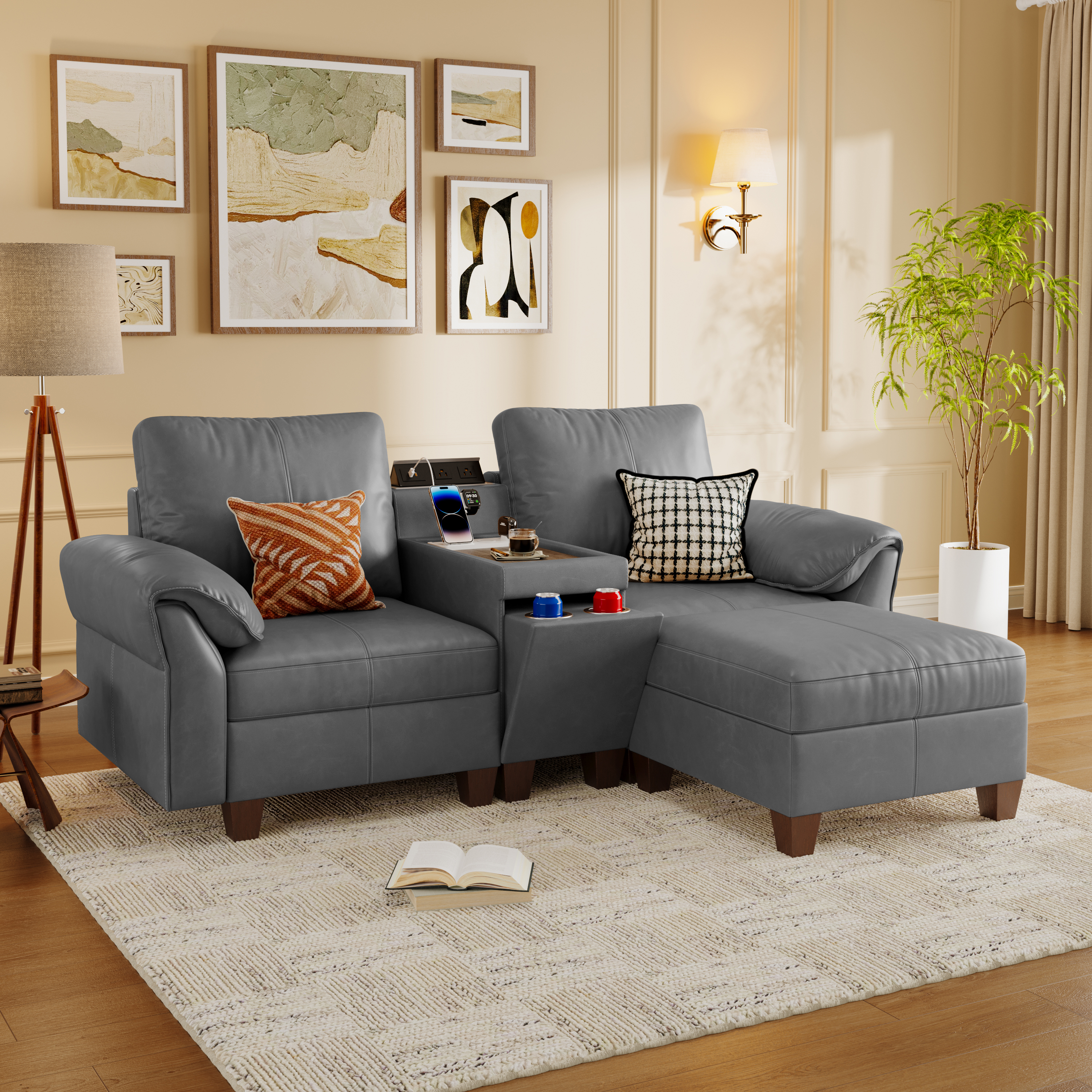 Nest Modular L-Shaped Sofa | WITHMovable Ottoman | SITJOY  with Storage Console Cup Holders Movable Ottoman Upholstered Couch for Living Room SITJOY