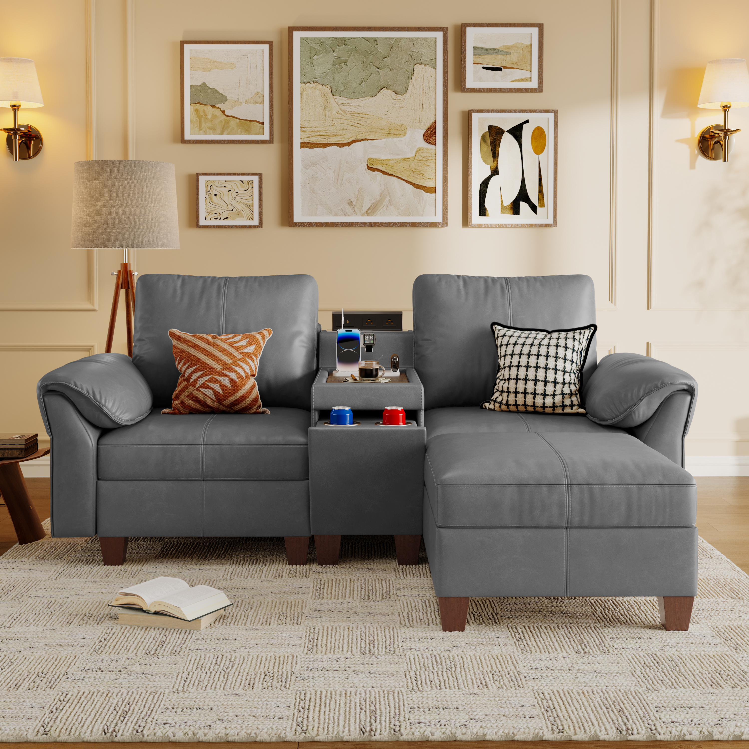 Nest Modular L-Shaped Sofa | WITHMovable Ottoman | SITJOY  with Storage Console Cup Holders Movable Ottoman Upholstered Couch for Living Room SITJOY