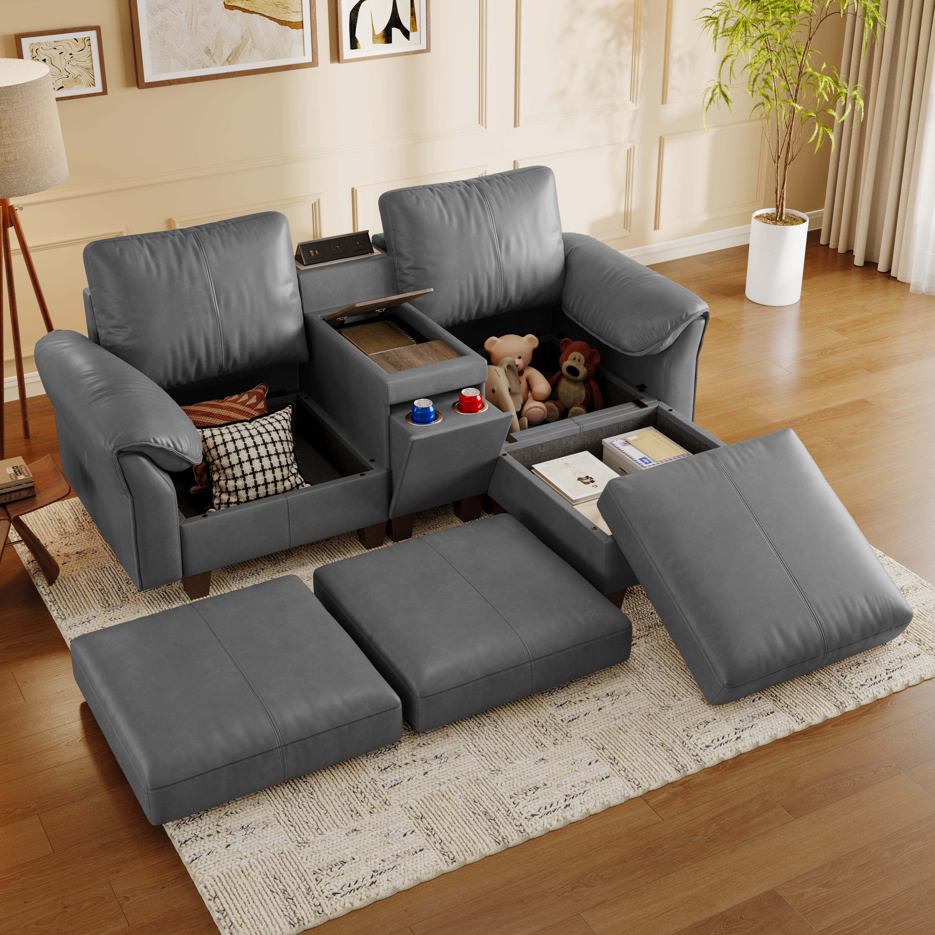 Nest Modular L-Shaped Sofa | WITHMovable Ottoman | SITJOY  with Storage Console Cup Holders Movable Ottoman Upholstered Couch for Living Room SITJOY