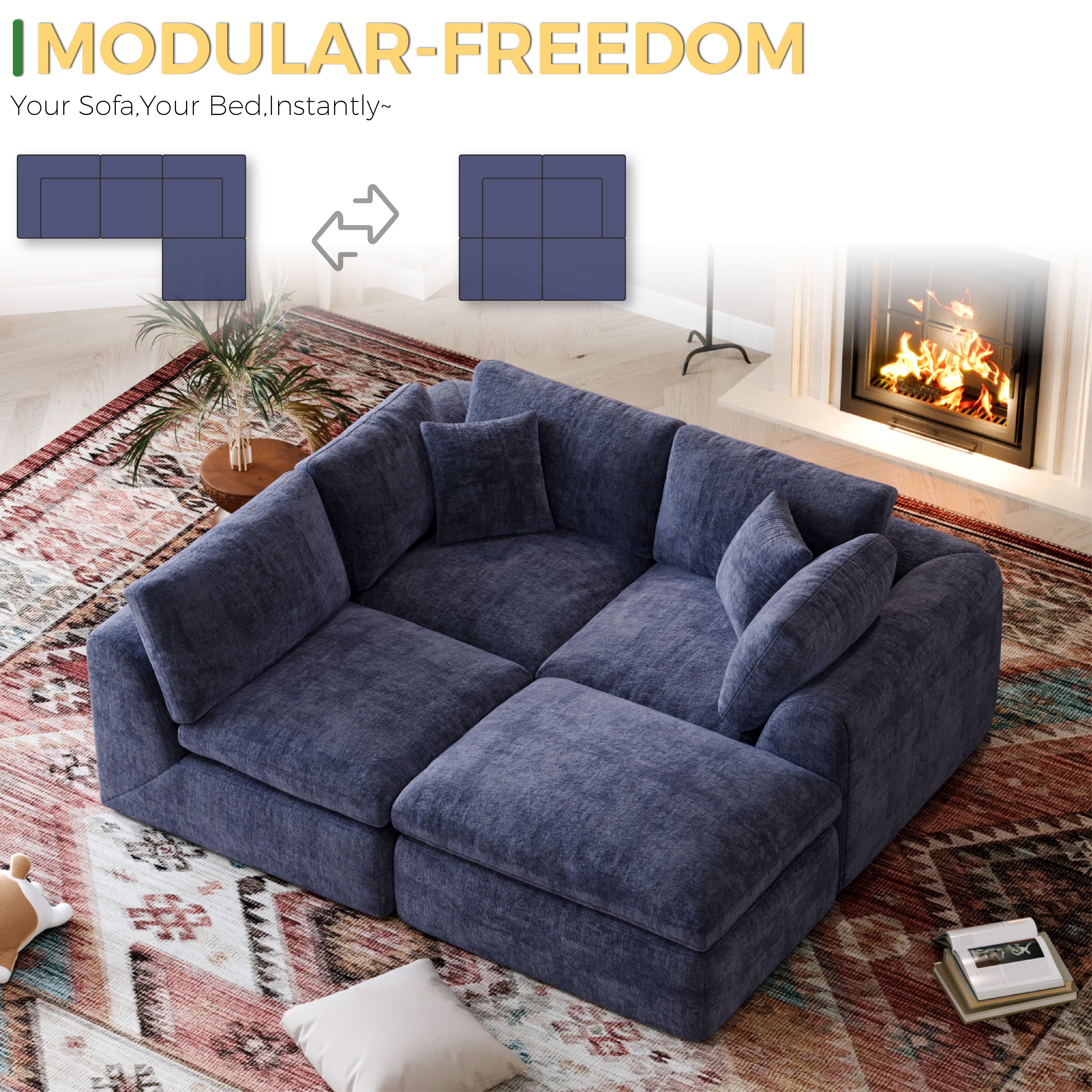 YS-01 Boneless Cloud Sectional Couch 3 Seats with 1 Ottoman