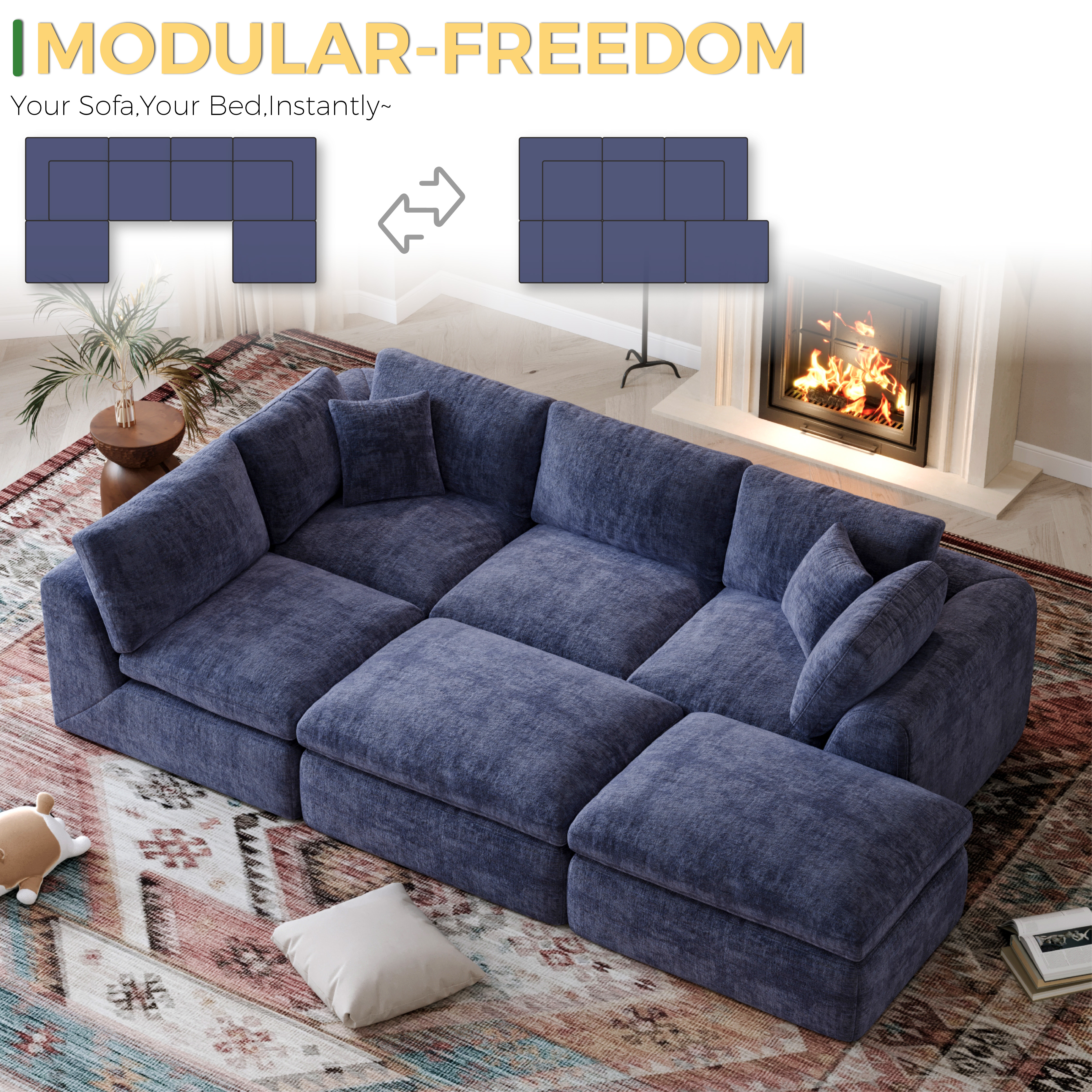 YS-01 Boneless Cloud Sectional Couch 4 Seats with 2 Ottomans