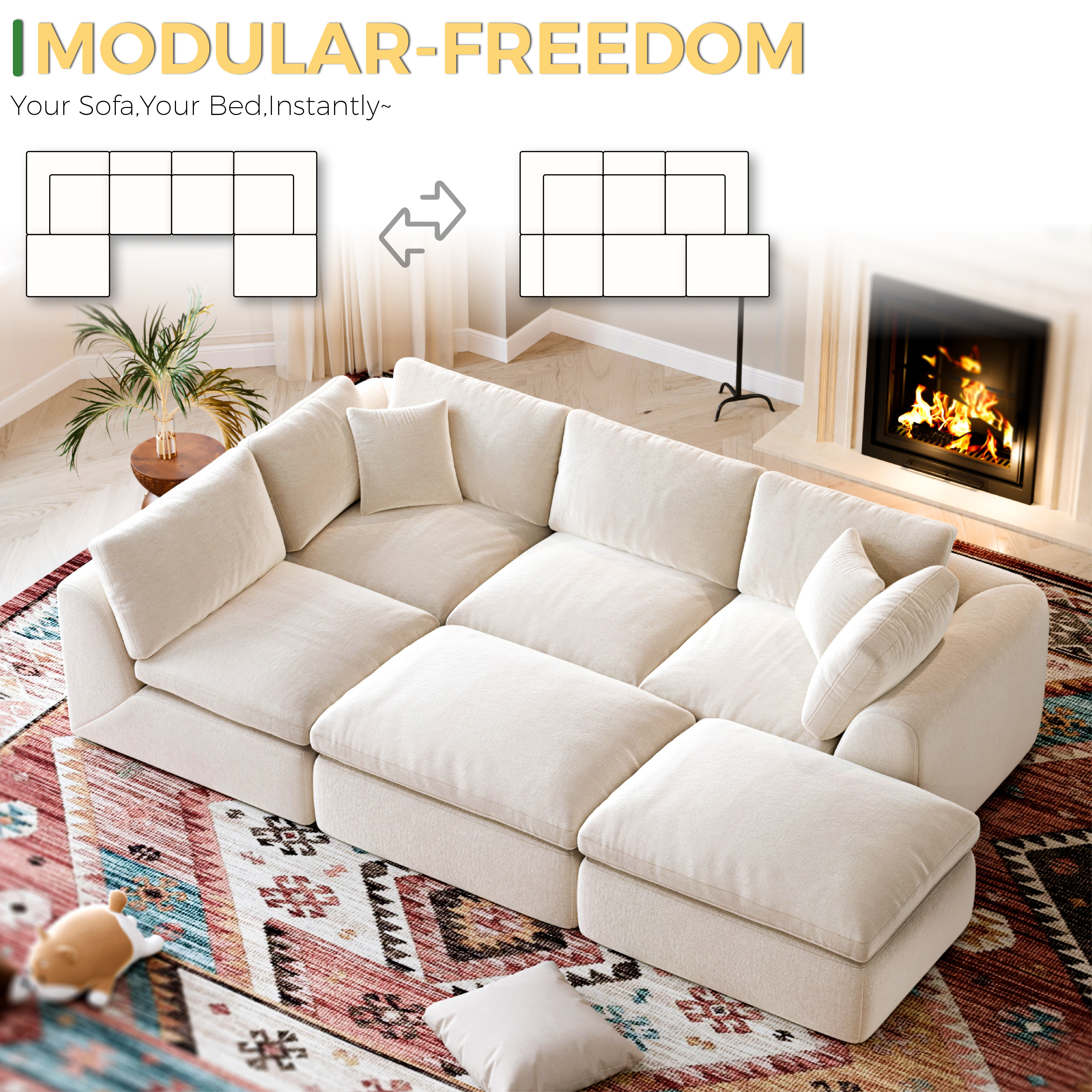 YS-01 Boneless Cloud Sectional Couch 4 Seats with 2 Ottomans