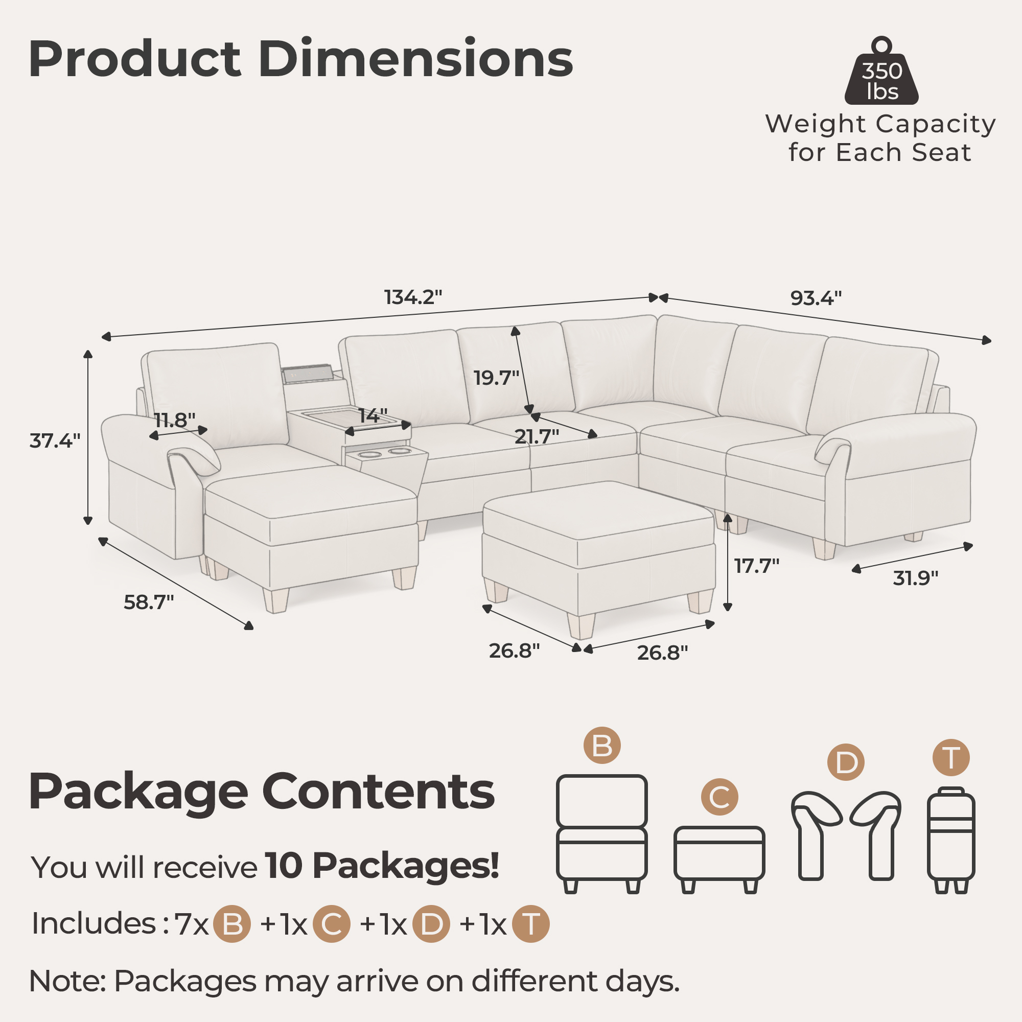 Nest 8-Seat Leather Sectional | Storage Console & Double Ottomans | SITJOY