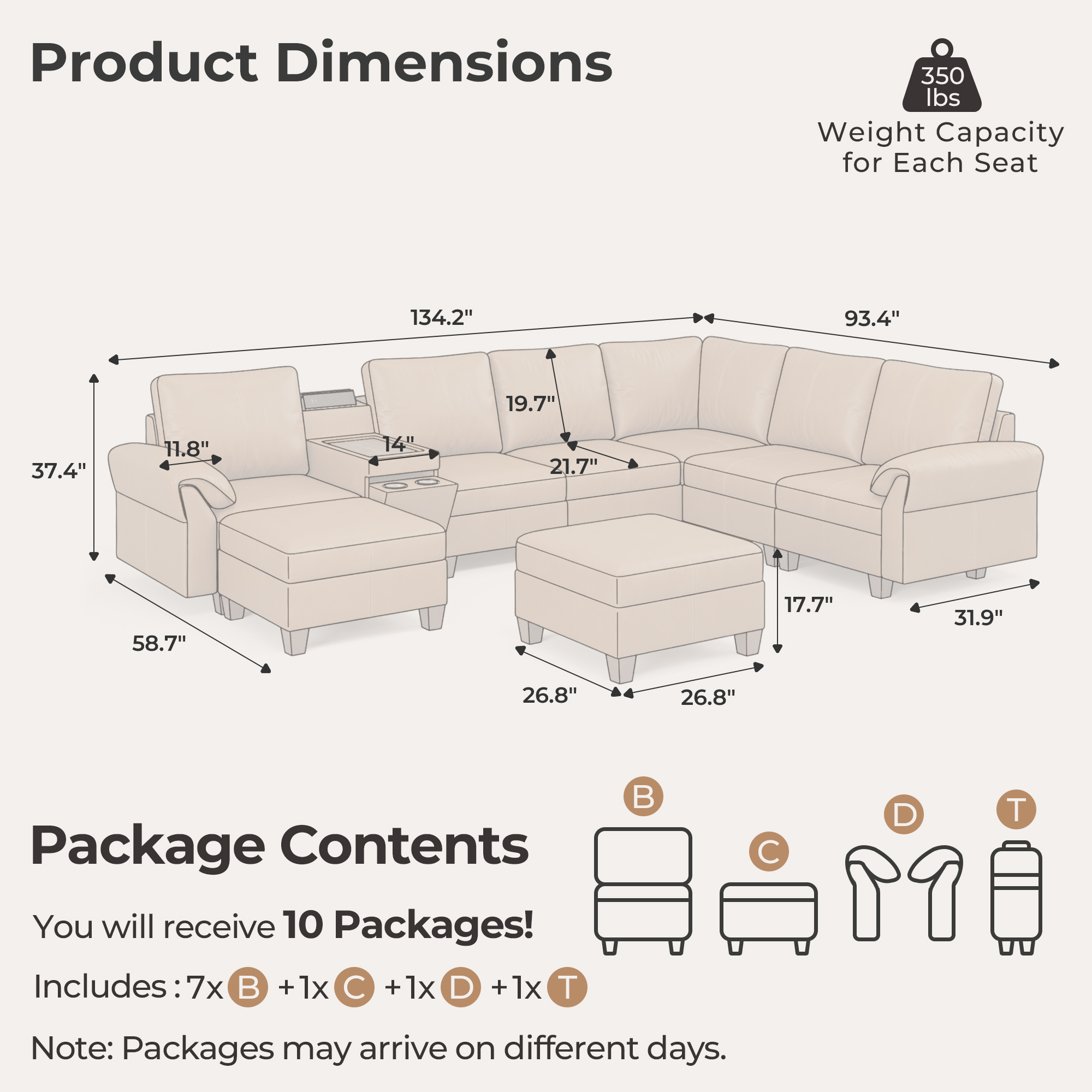 Nest 8-Seat Leather Sectional | Storage Console & Double Ottomans | SITJOY