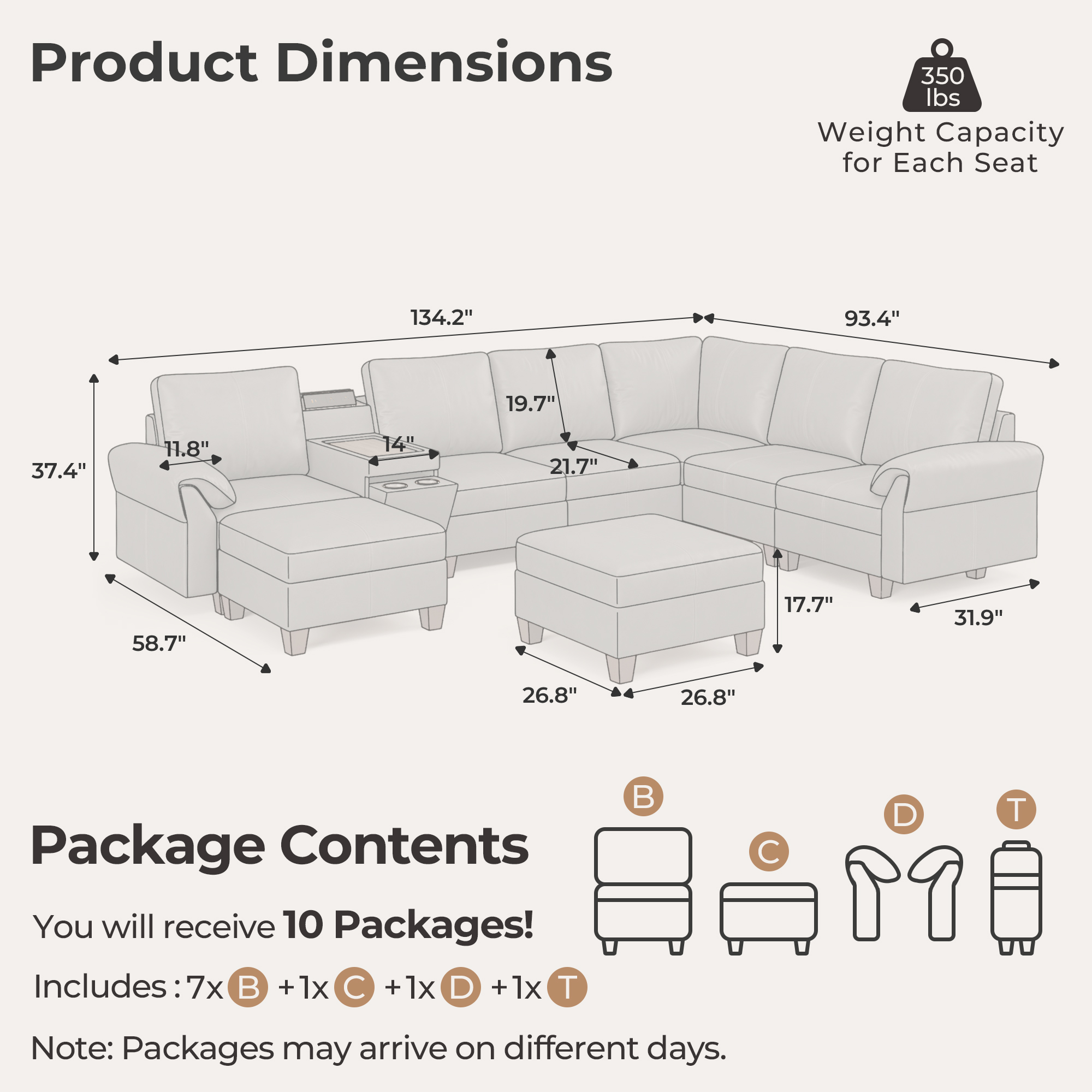Nest 8-Seat Leather Sectional | Storage Console & Double Ottomans | SITJOY