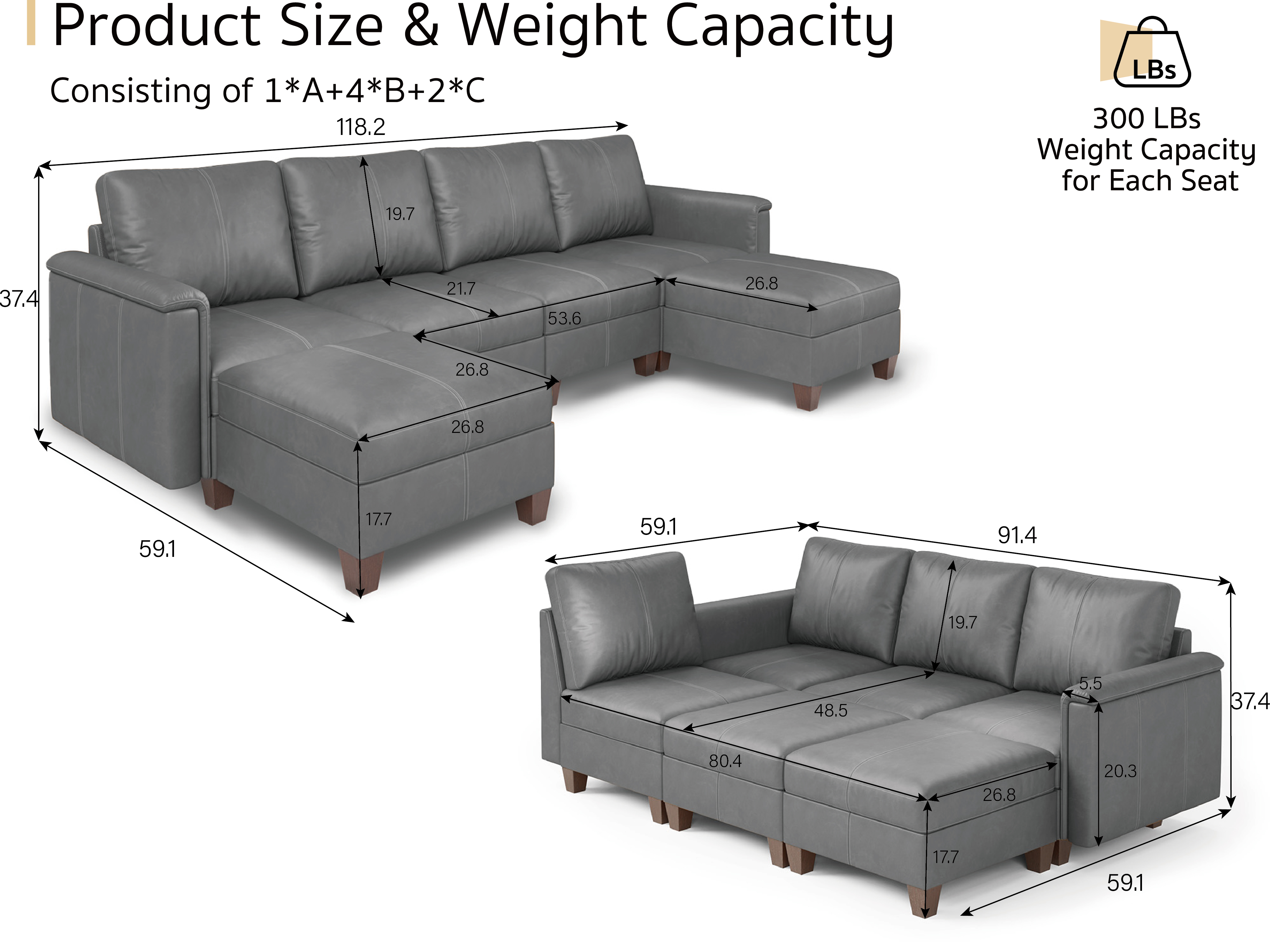 MS-01 Modular SectionaL Sofa 4 Seats with 2 Ottomans