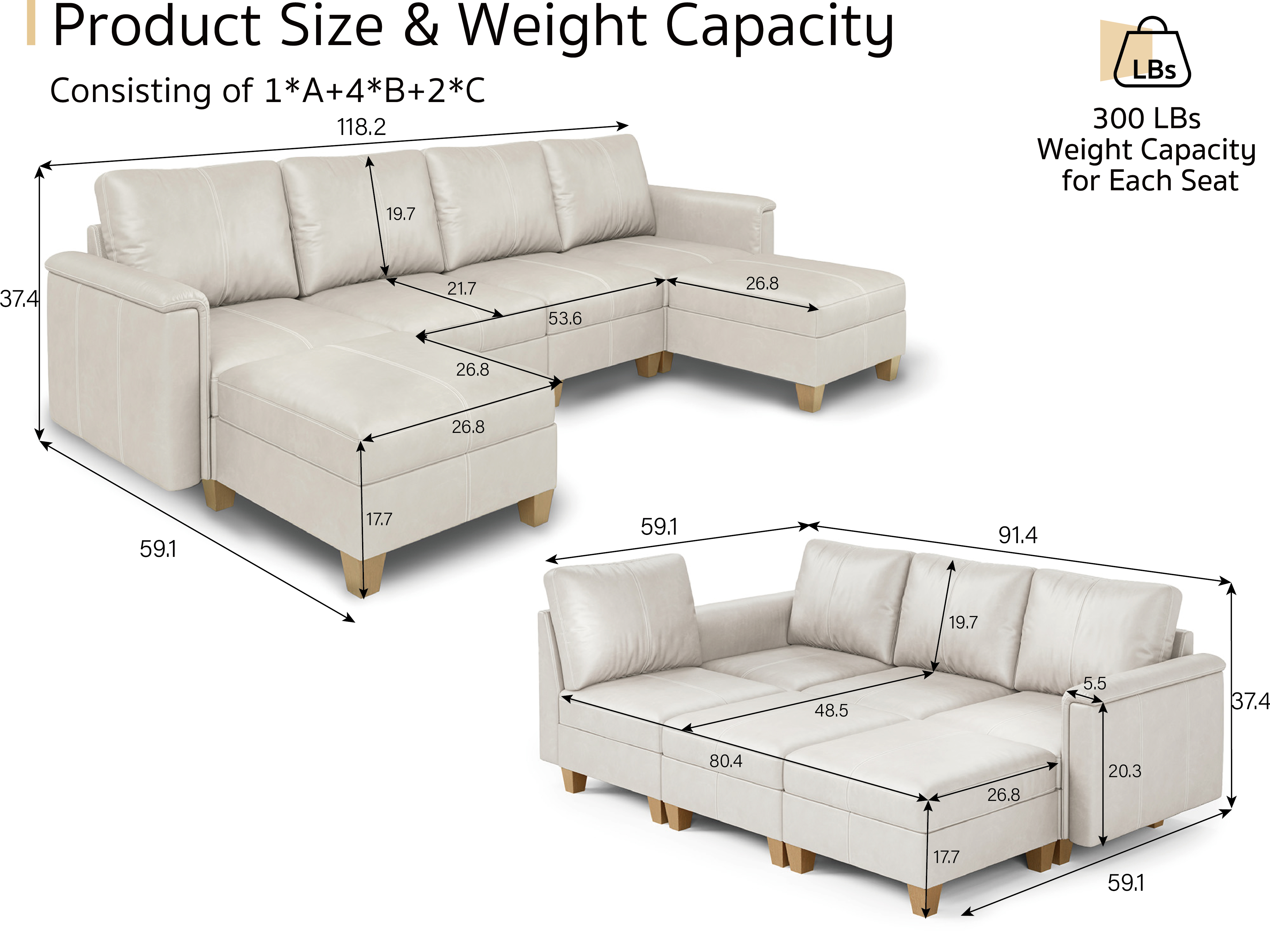 MS-01 Modular SectionaL Sofa 4 Seats with 2 Ottomans