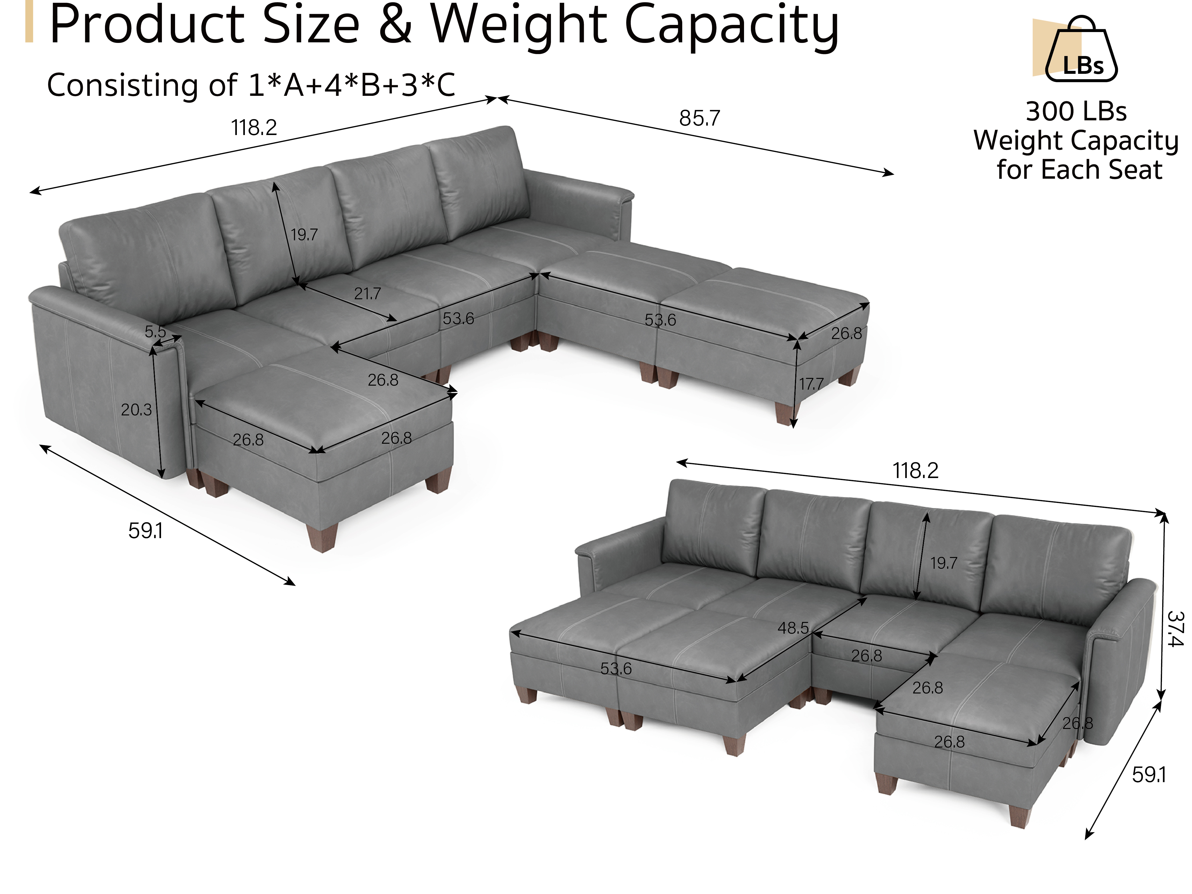 MS-01 Modular SectionaL Sofa 4 Seats with 3 Ottomans