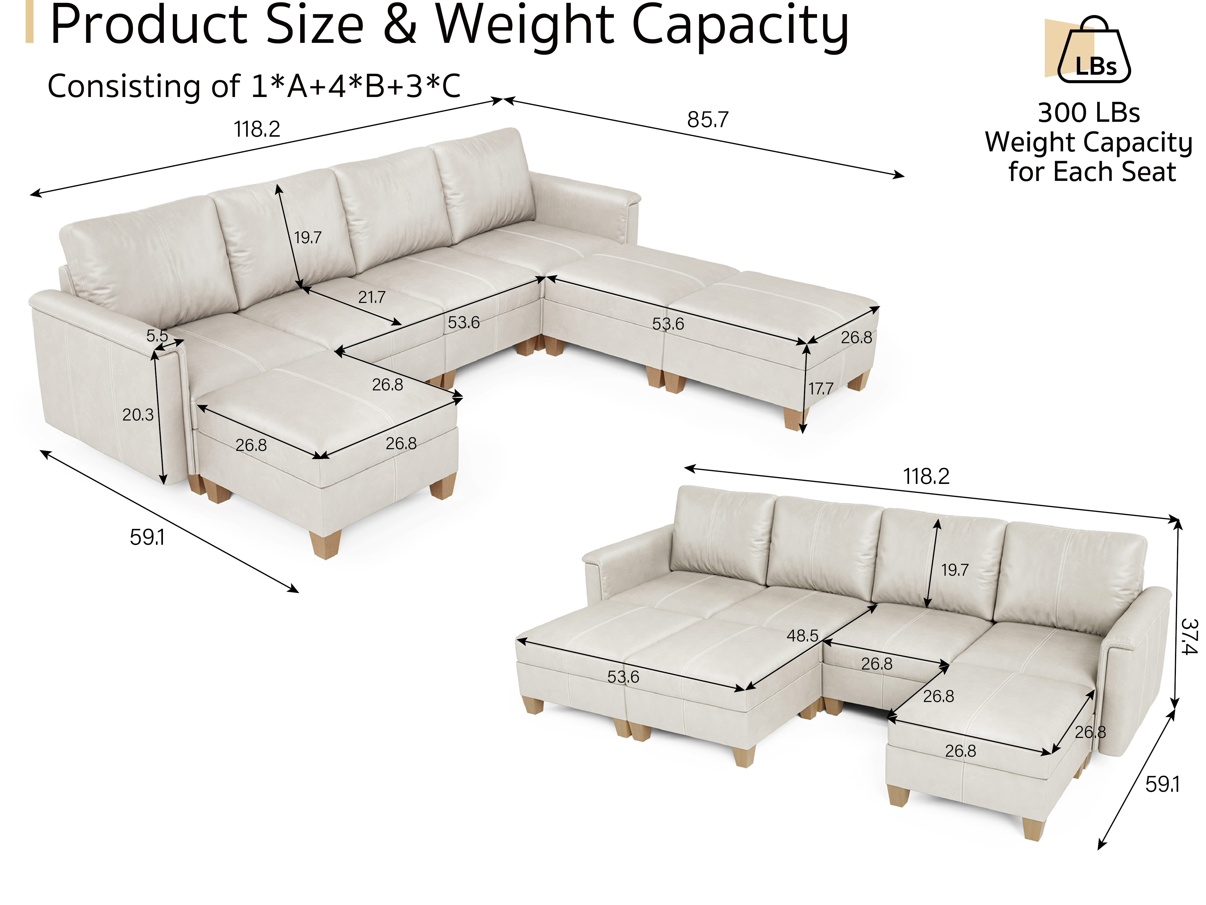 MS-01 Modular SectionaL Sofa 4 Seats with 3 Ottomans