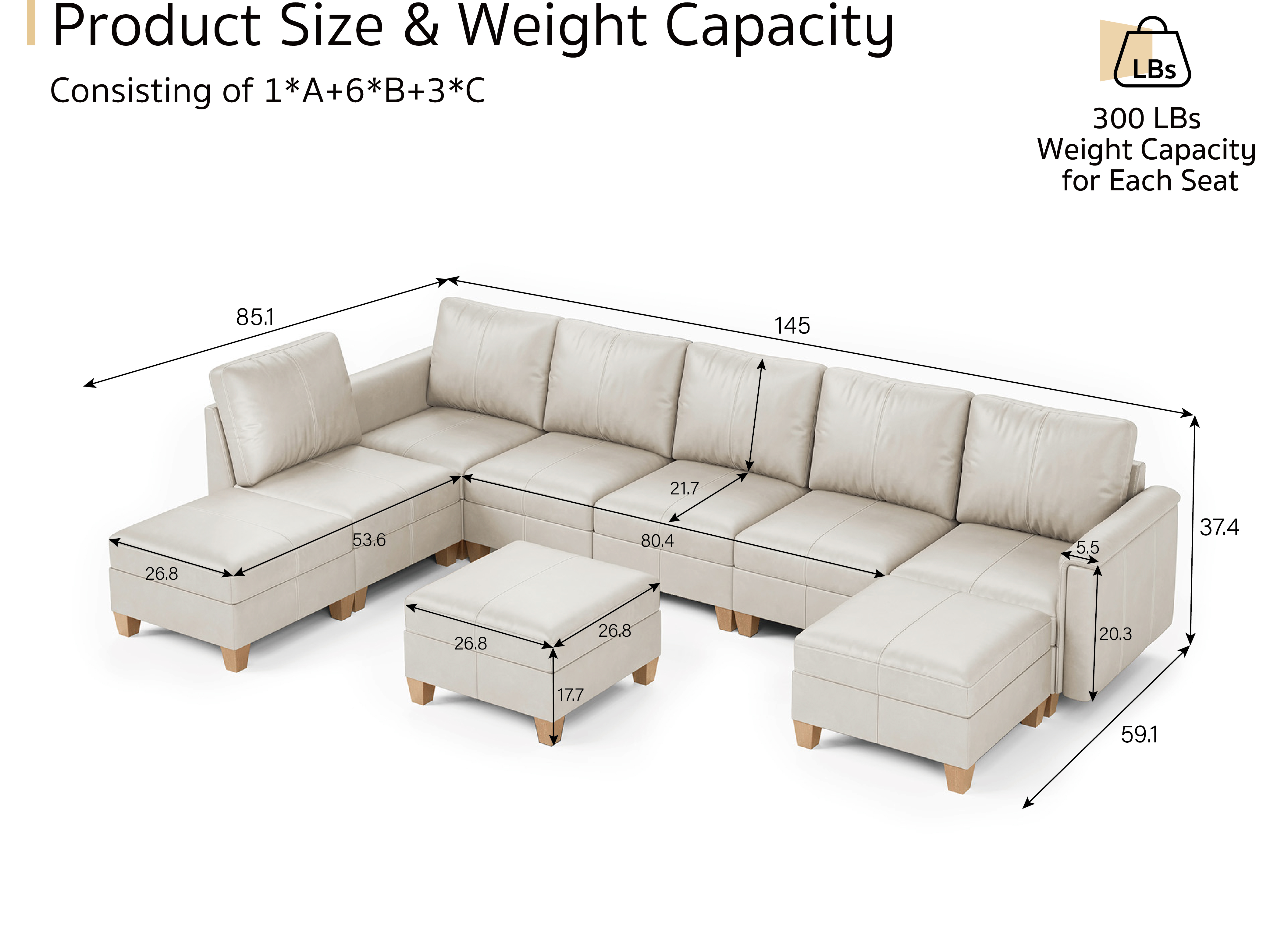 MS-01 Modular SectionaL Sofa 6 Seats with 3 Ottomans