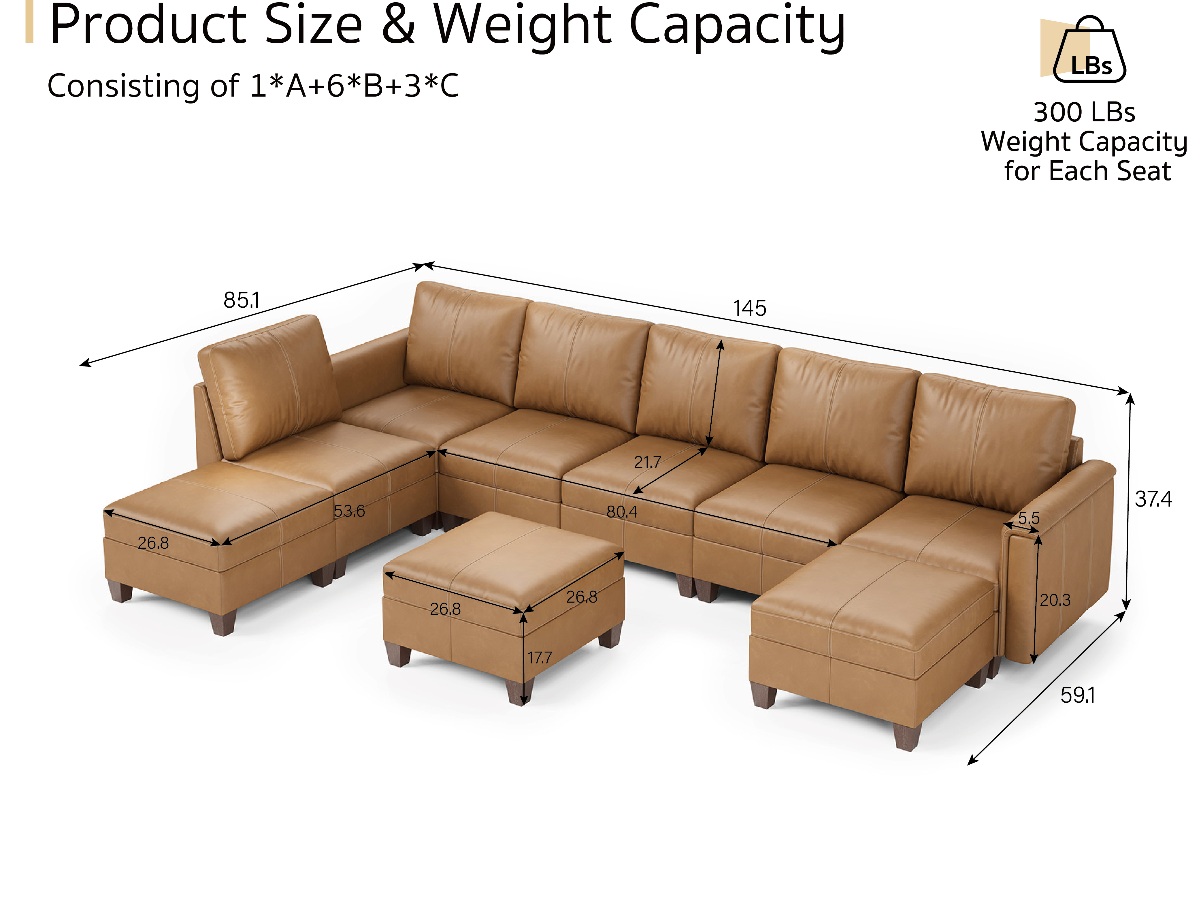 MS-01 Modular SectionaL Sofa 6 Seats with 3 Ottomans