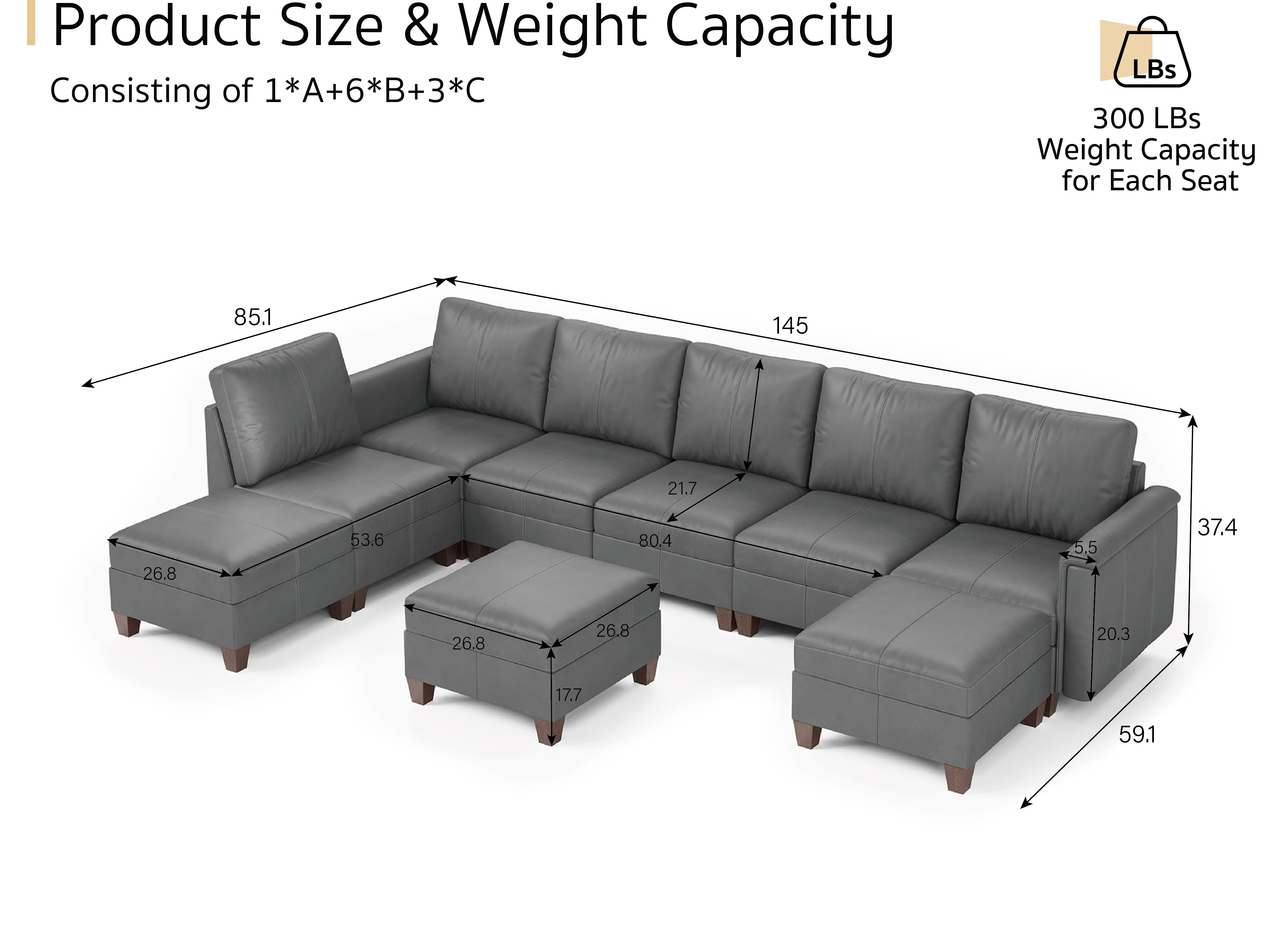 MS-01 Modular SectionaL Sofa 6 Seats with 3 Ottomans
