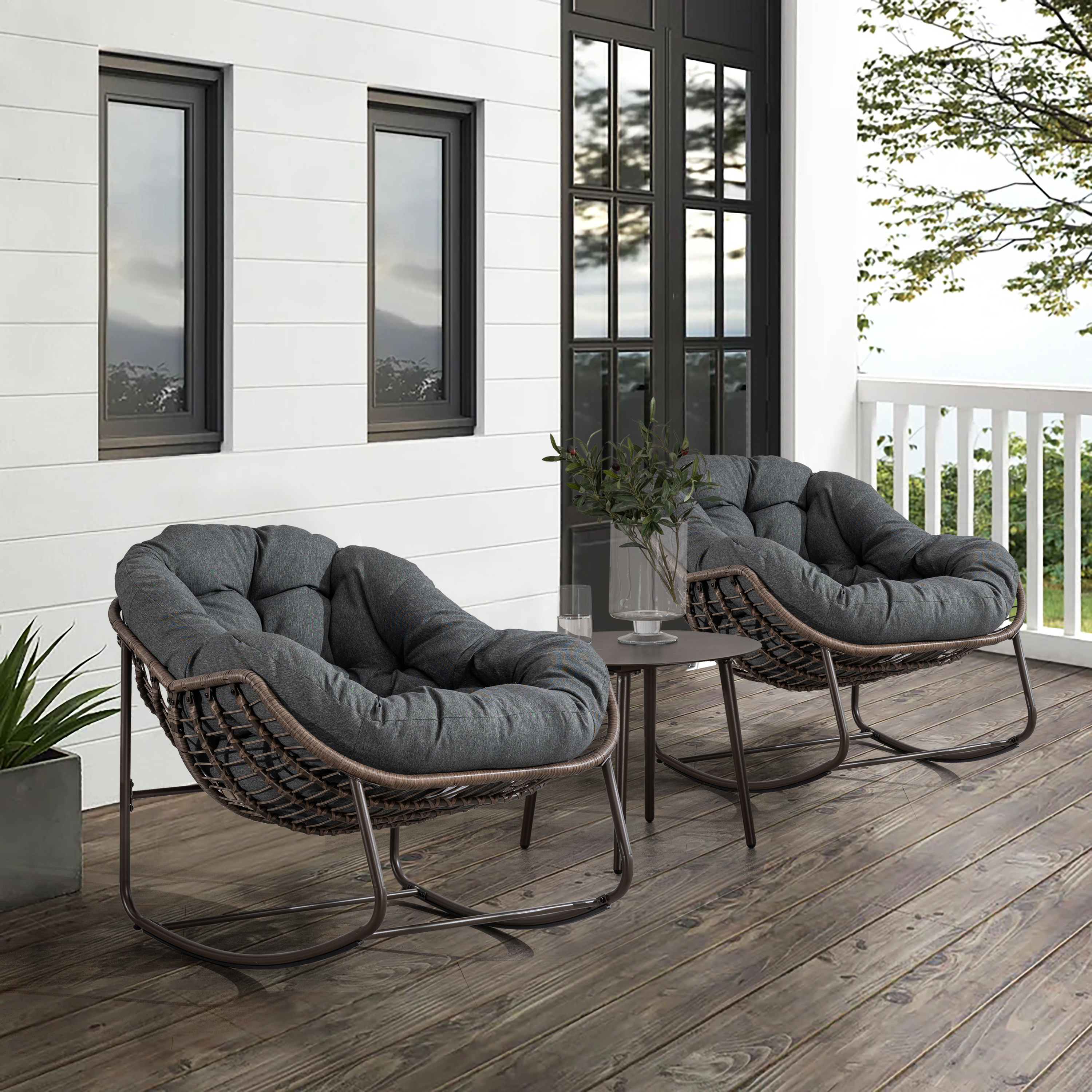 Outdoor Rattan Rocking Chair,Padded Cushion Rocker Recliner Chair Outdoor for Front Porch, Living Room, Patio, Garden
