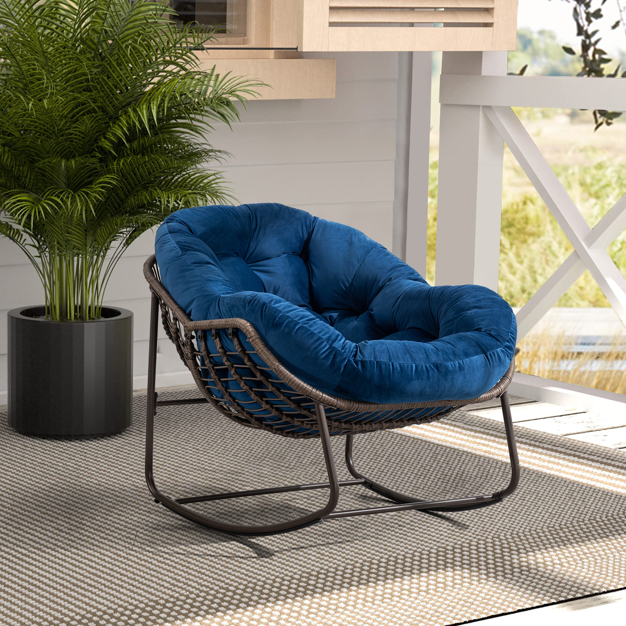 Outdoor Rattan Rocking Chair,Padded Cushion Rocker Recliner Chair Outdoor for Front Porch, Living Room, Patio, Garden