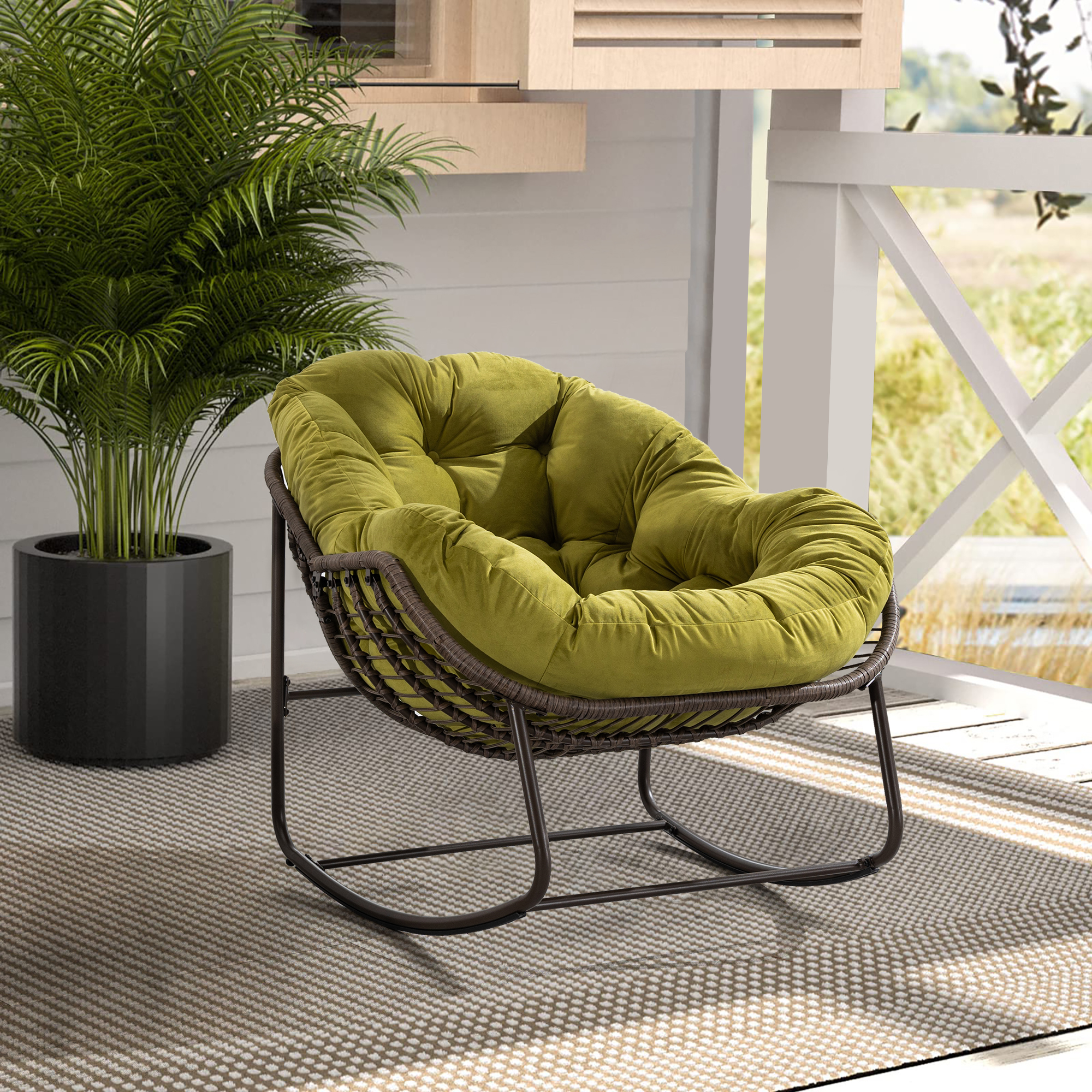 Outdoor Rattan Rocking Chair,Padded Cushion Rocker Recliner Chair Outdoor for Front Porch, Living Room, Patio, Garden
