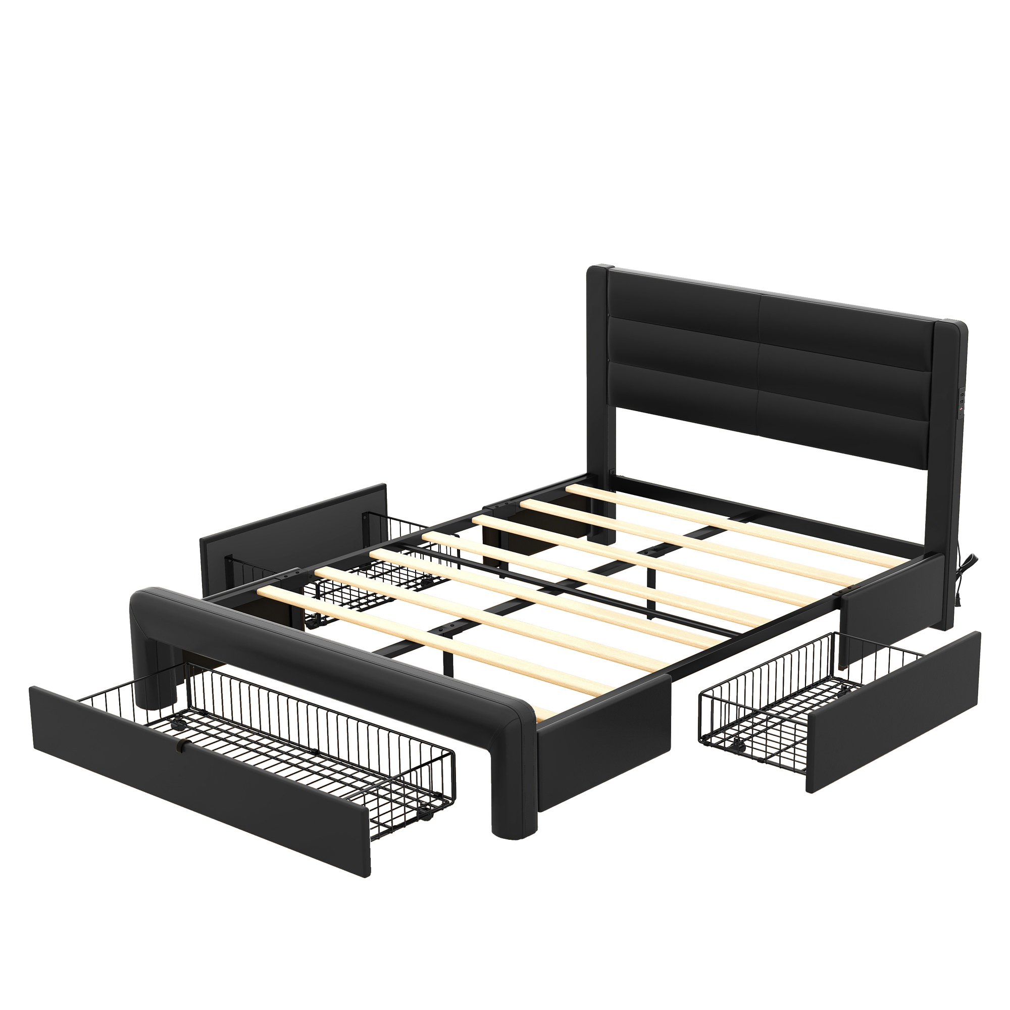 Queen Size Bed Frame with Drawers Storage, Leather Upholstered Platform Bed with Charging Station