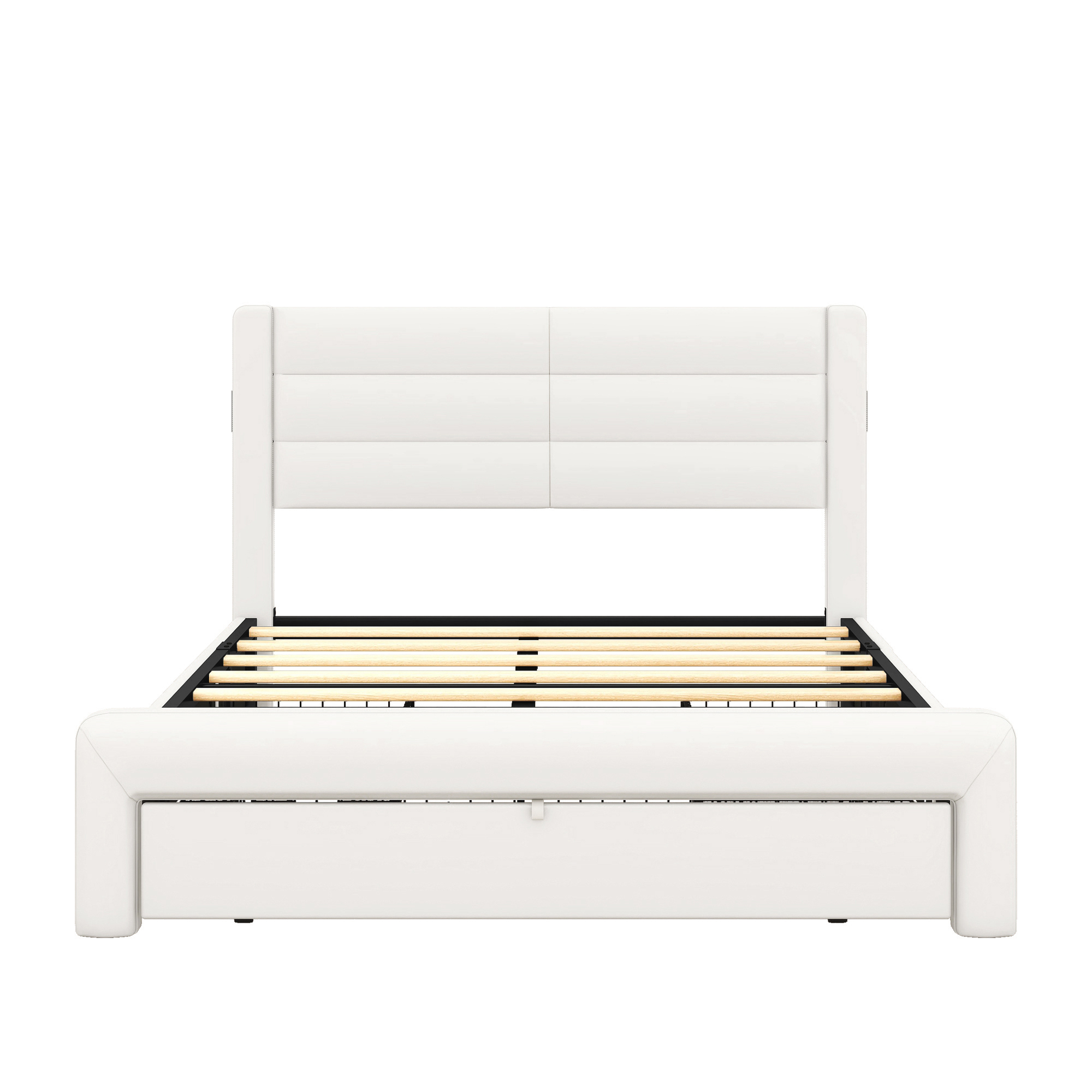 Queen Size Bed Frame with Drawers Storage, Leather Upholstered Platform Bed with Charging Station