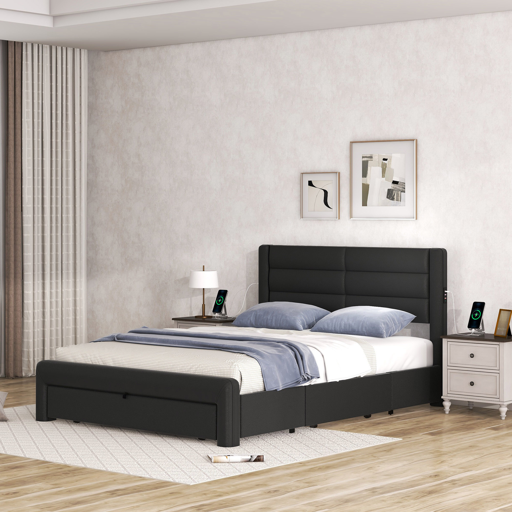 Queen Size Bed Frame with Drawers Storage, Leather Upholstered Platform Bed with Charging Station