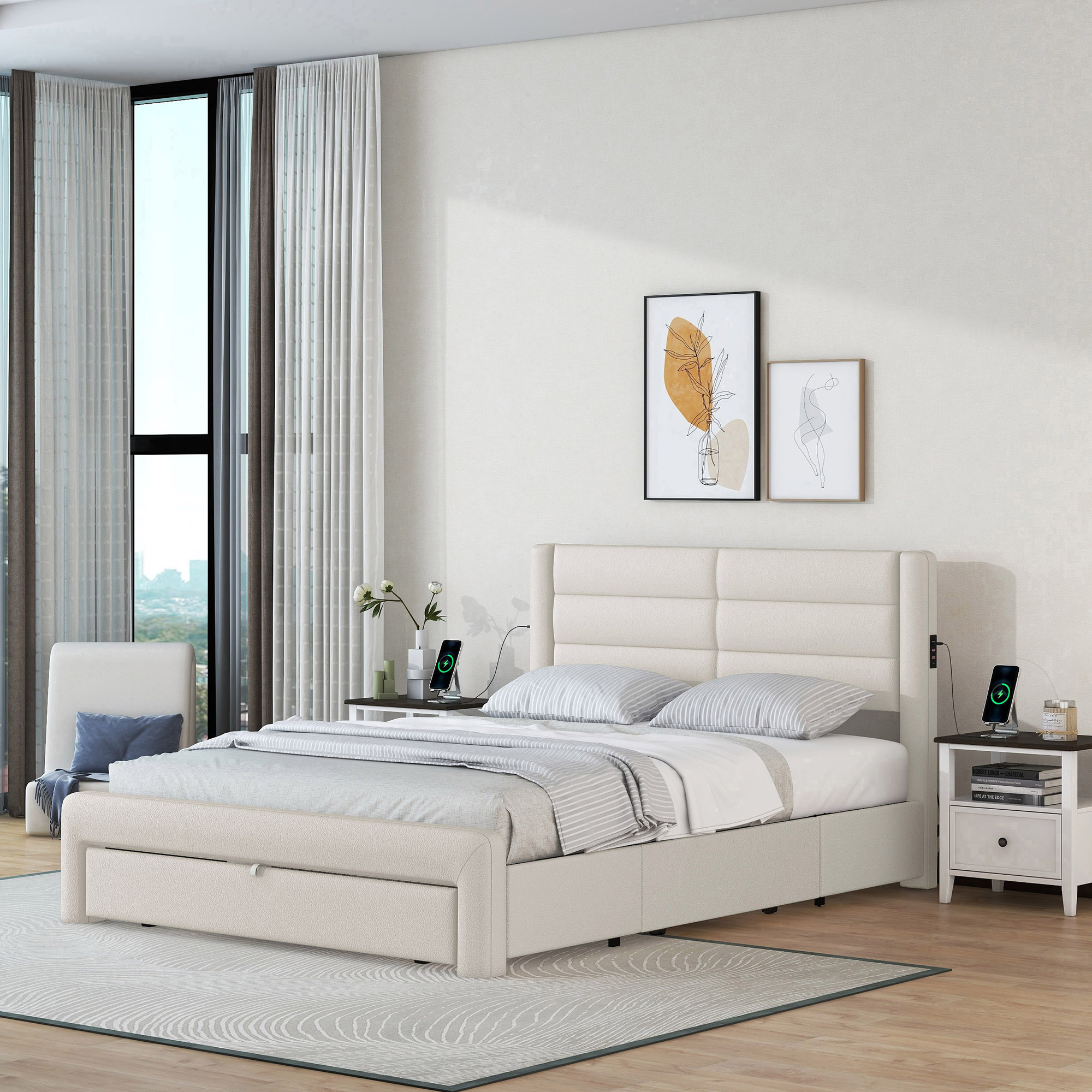 Queen Size Bed Frame with Drawers Storage, Leather Upholstered Platform Bed with Charging Station